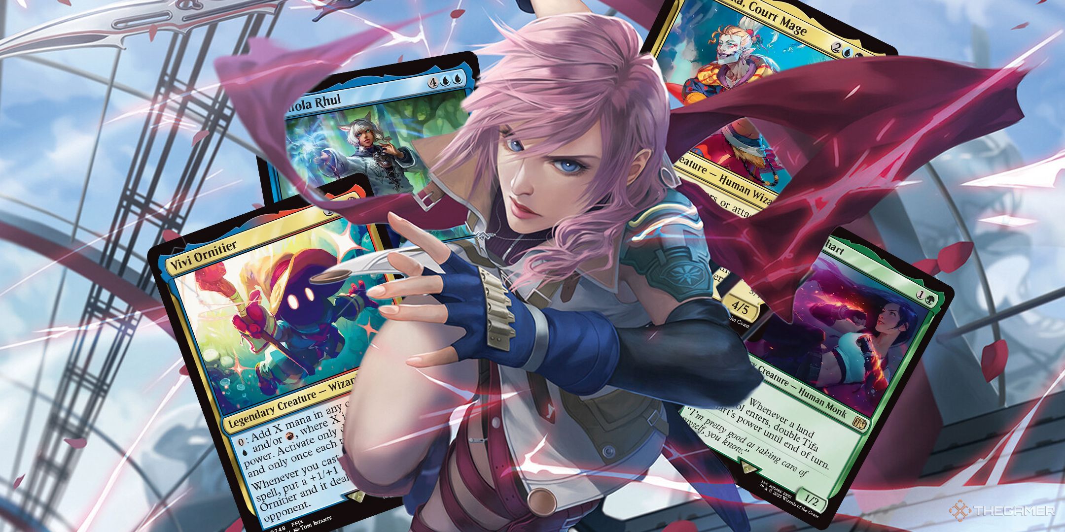 MTG Final Fantasy Commanders, showing Lightning in front of a number of Magic: The Gathering cards.