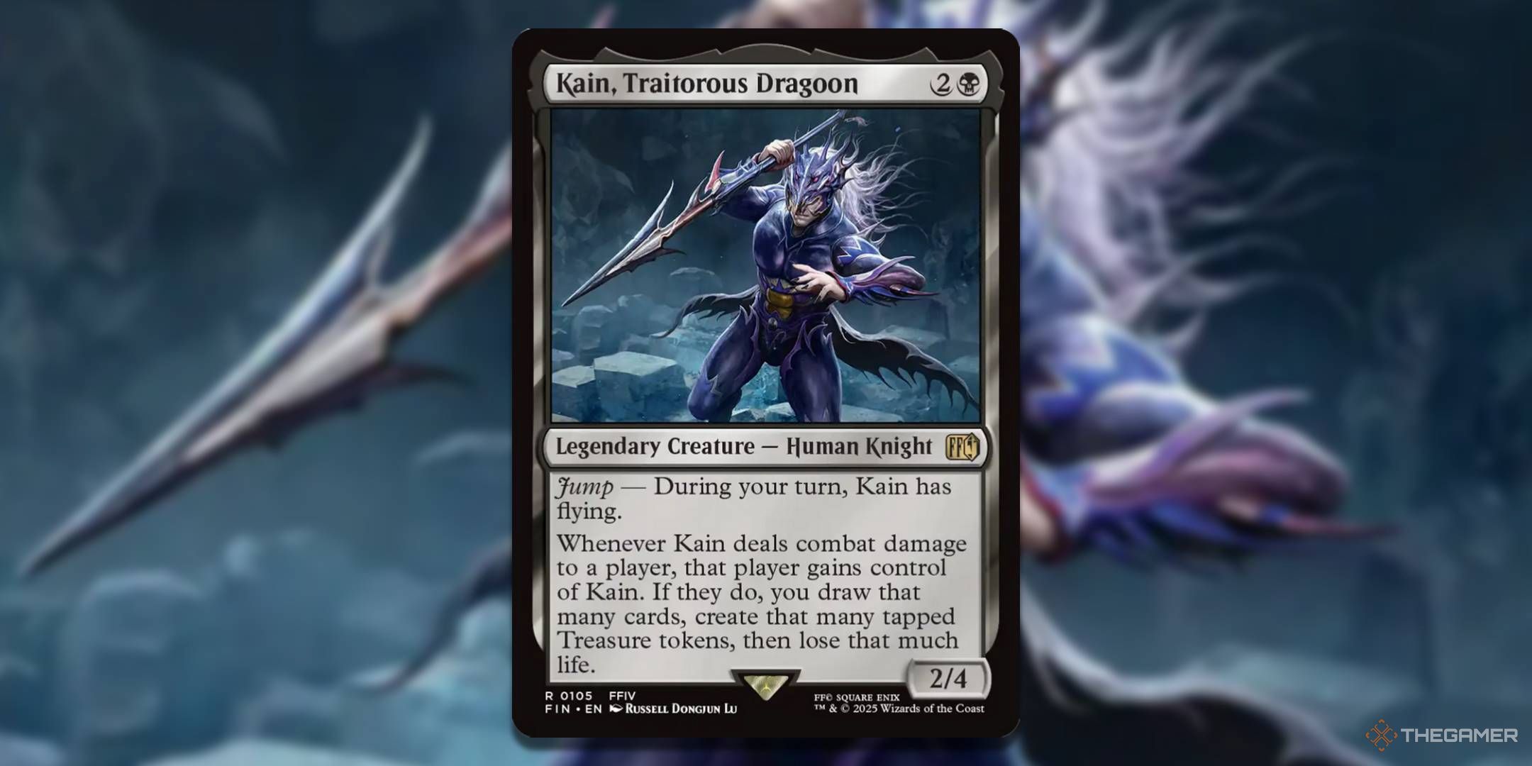 MTG Kain, Traitorous Dragoon card with the art in the background.