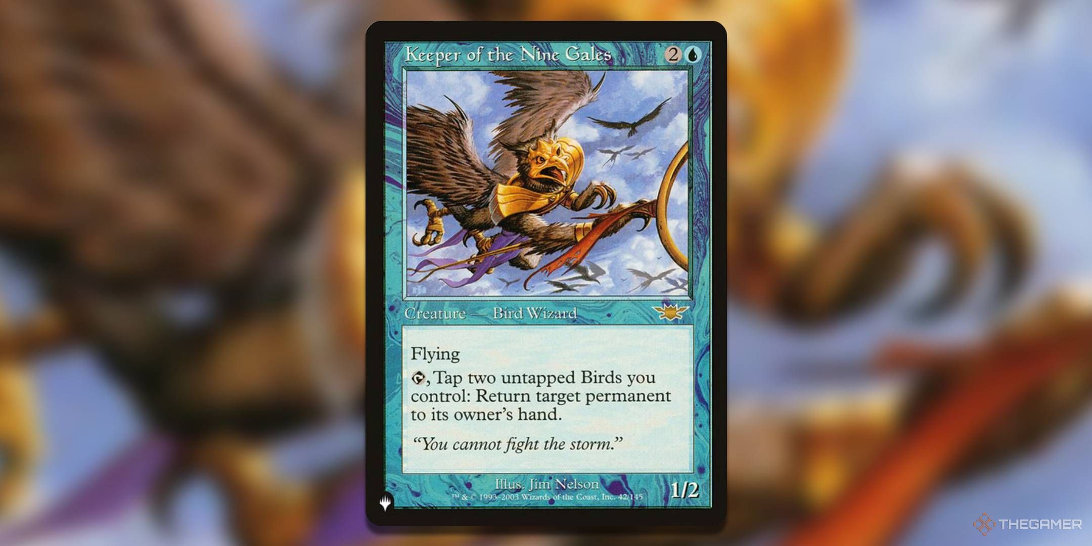 MTG Keeper Of The Nine Gales card showing an eagle in a storm.