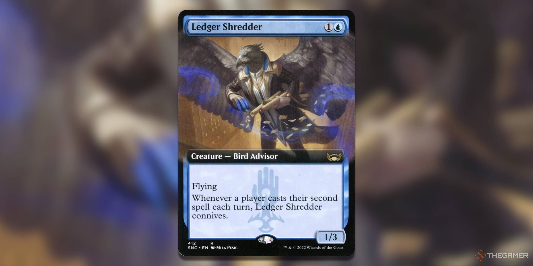 MTG Ledger Shredder card showing an eagle shredding scrolls while in flight.