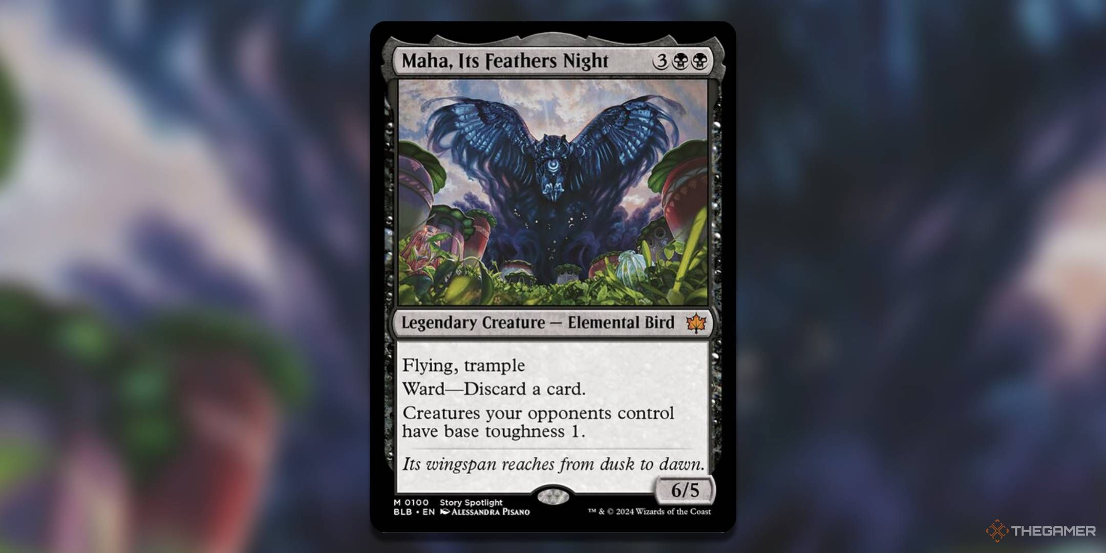 MTG Maha Its Feathers Night card showing a giant black eagle towering over some trees.