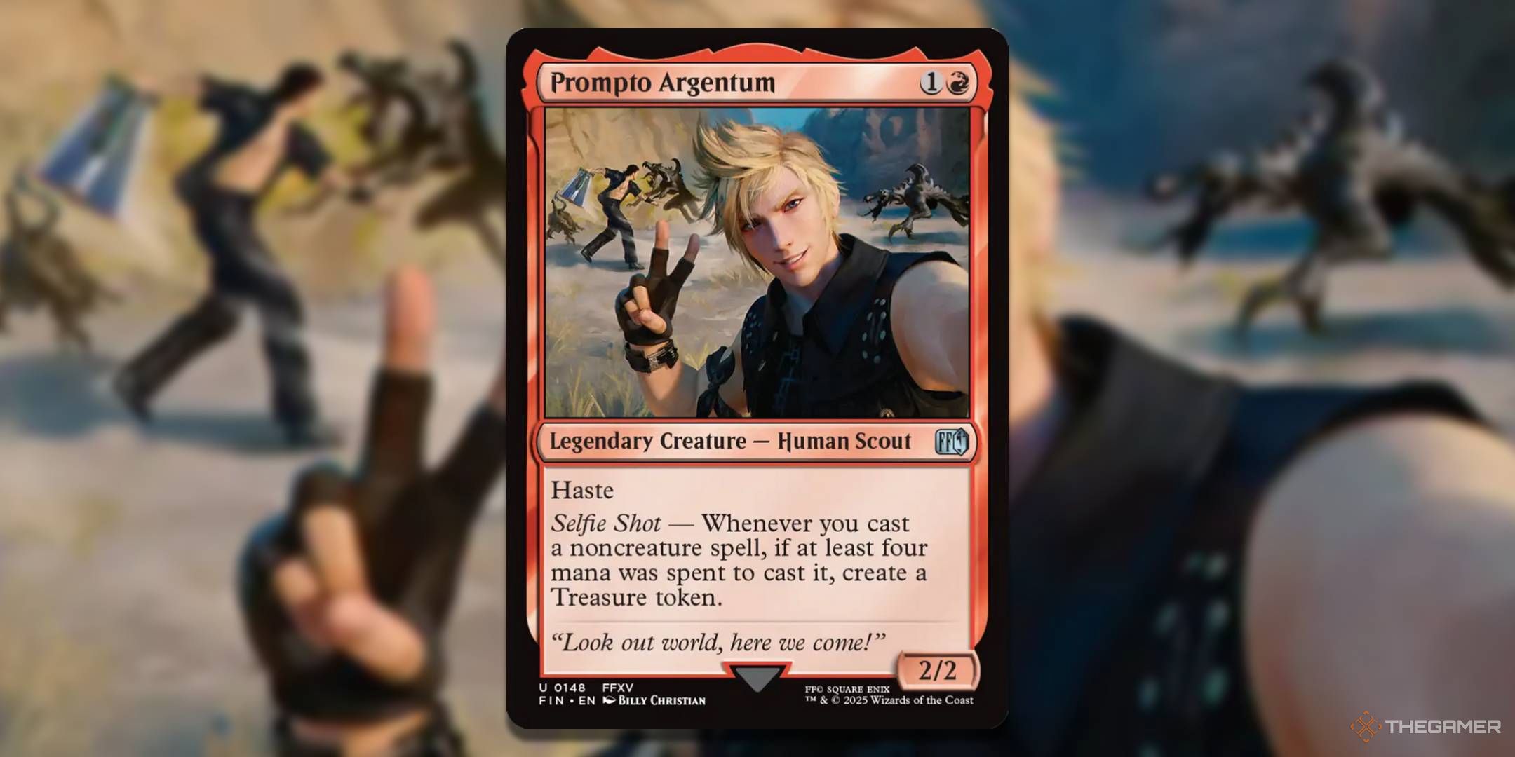 MTG Prompto Argentum card with the art in the background.