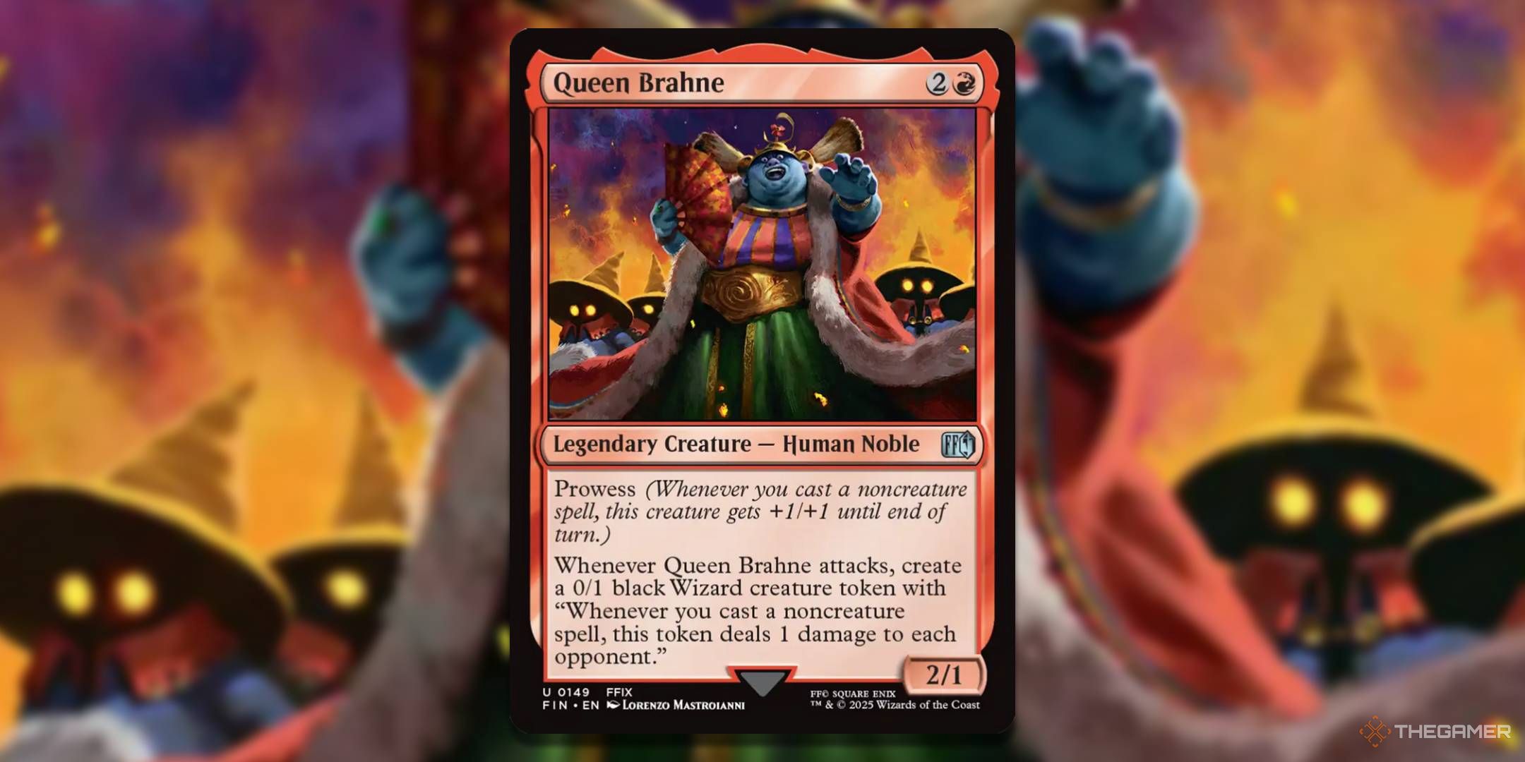 MTG Queen Brahne card with the art in the background.