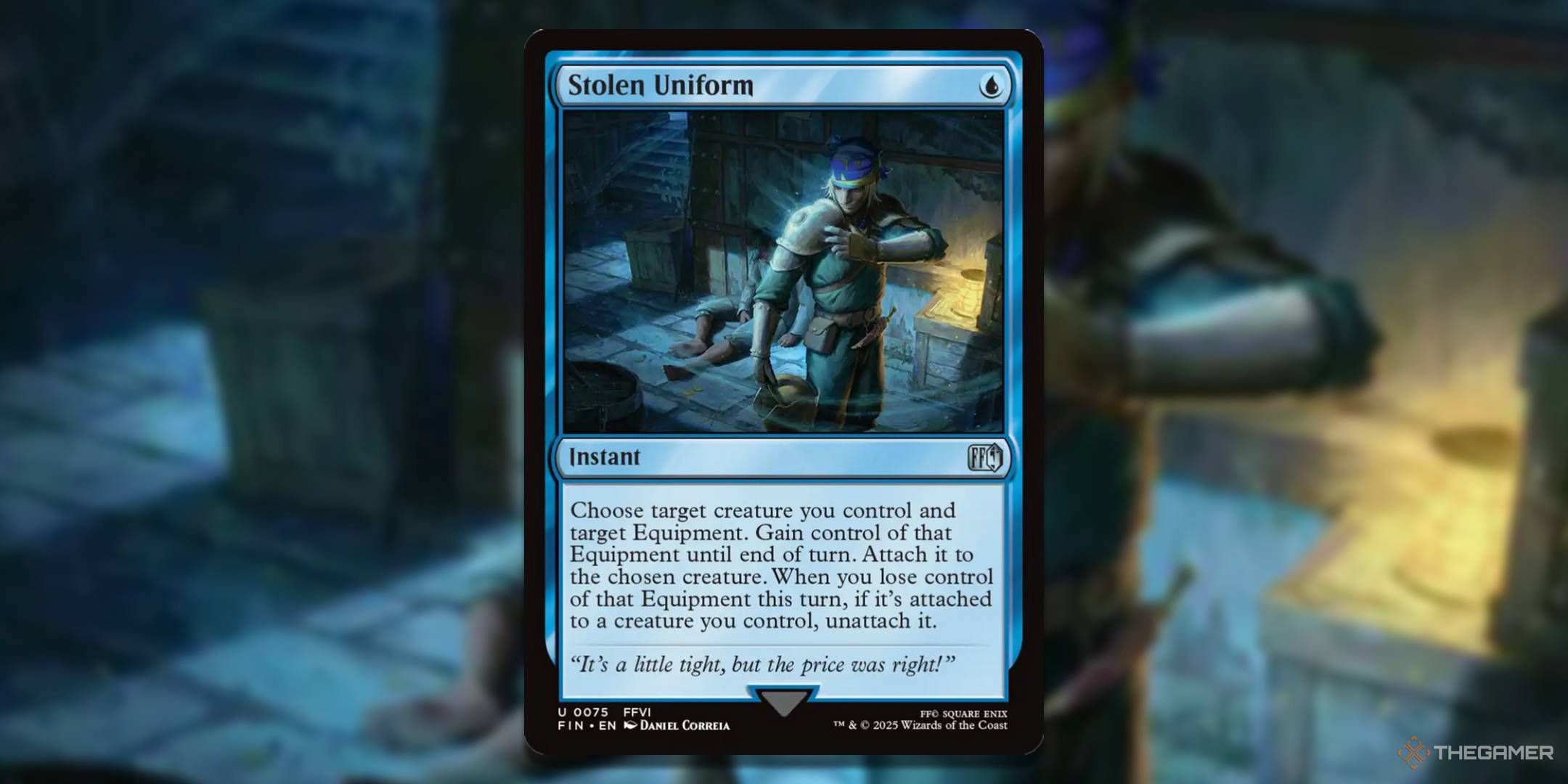 MTG Stolen Uniform card with the art in the background.