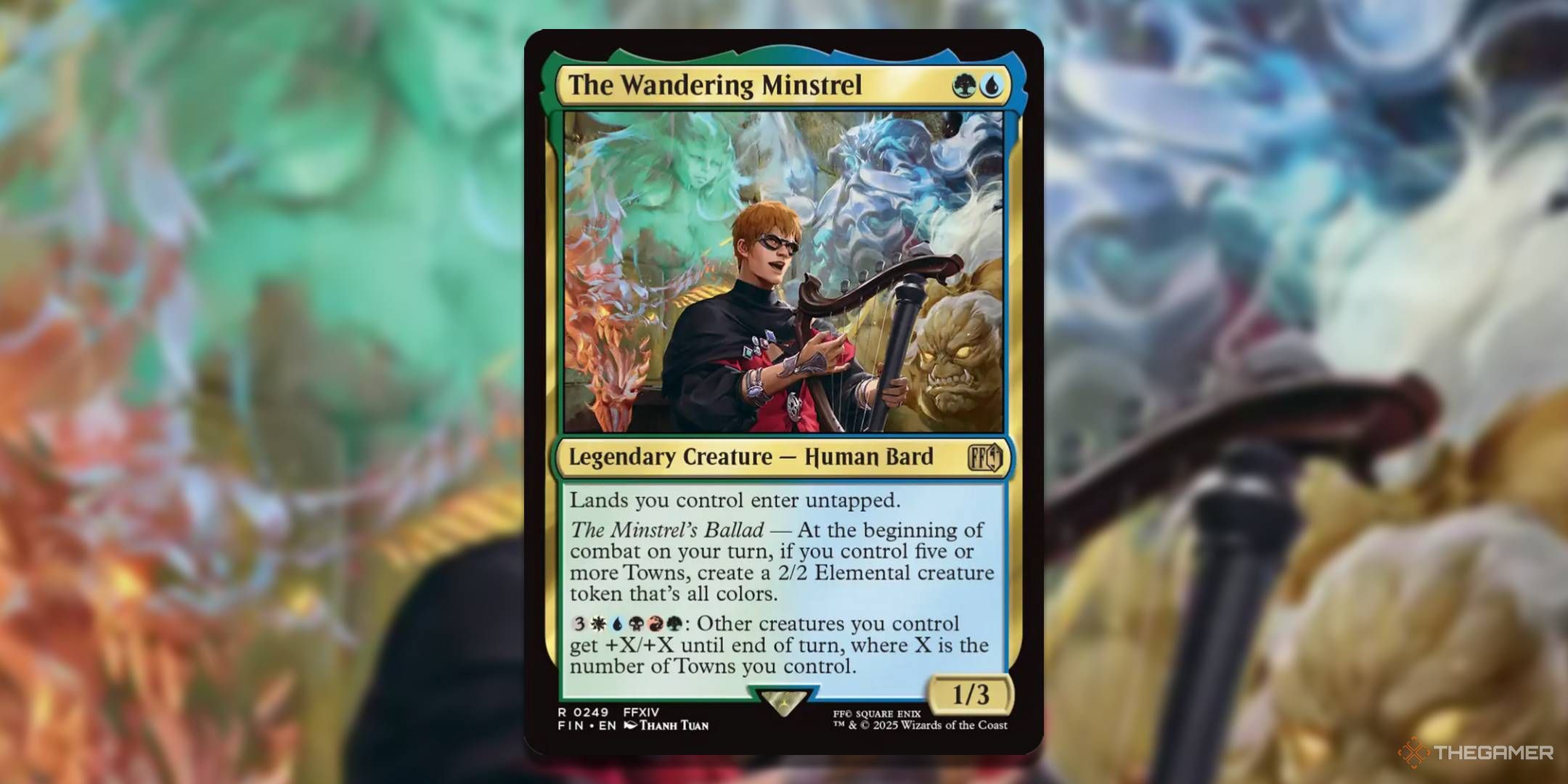 MTG The Wandering Minstrel card with the art in the background.
