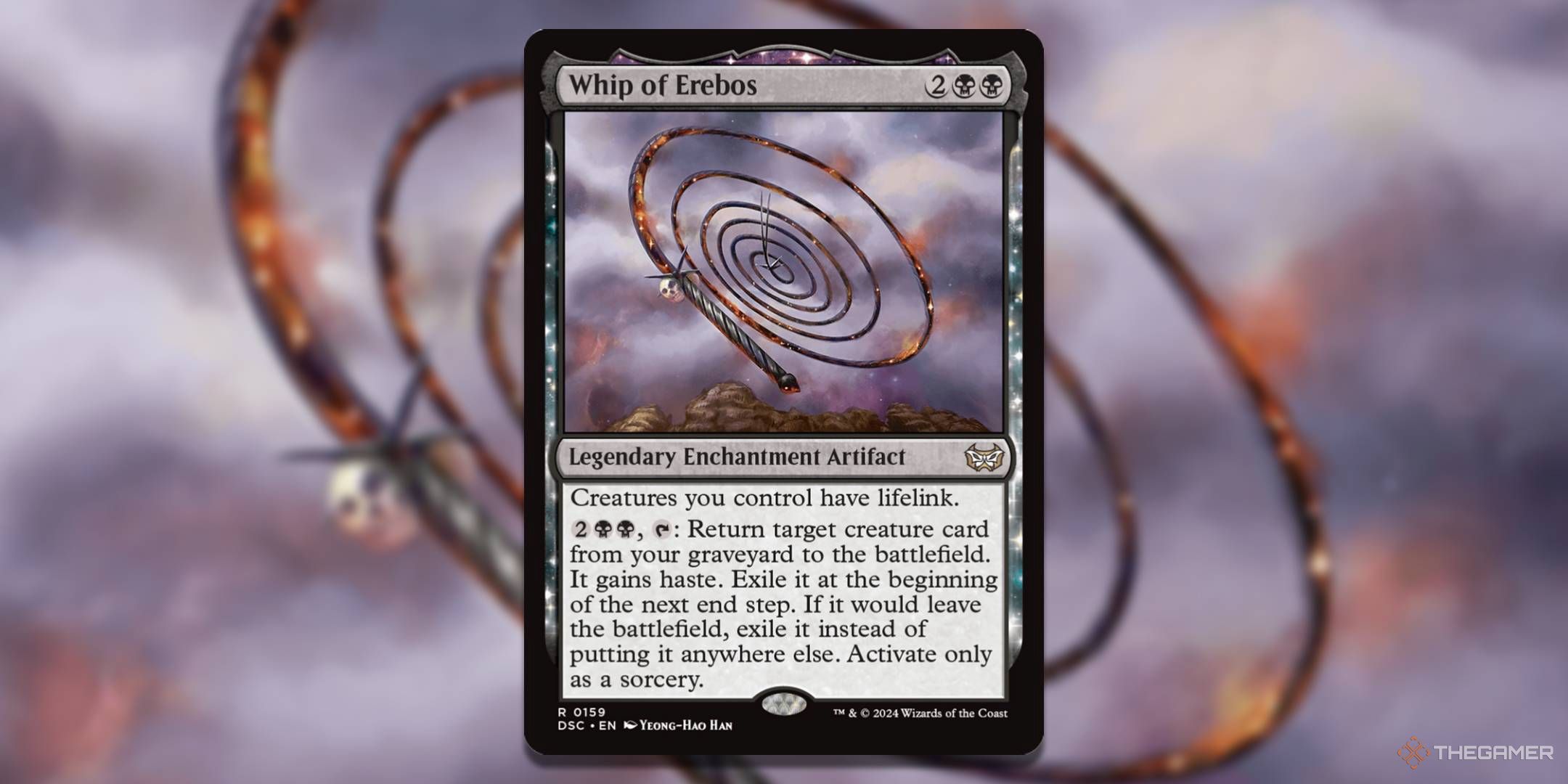 MTG Whip of Erebos card with the art in the background.