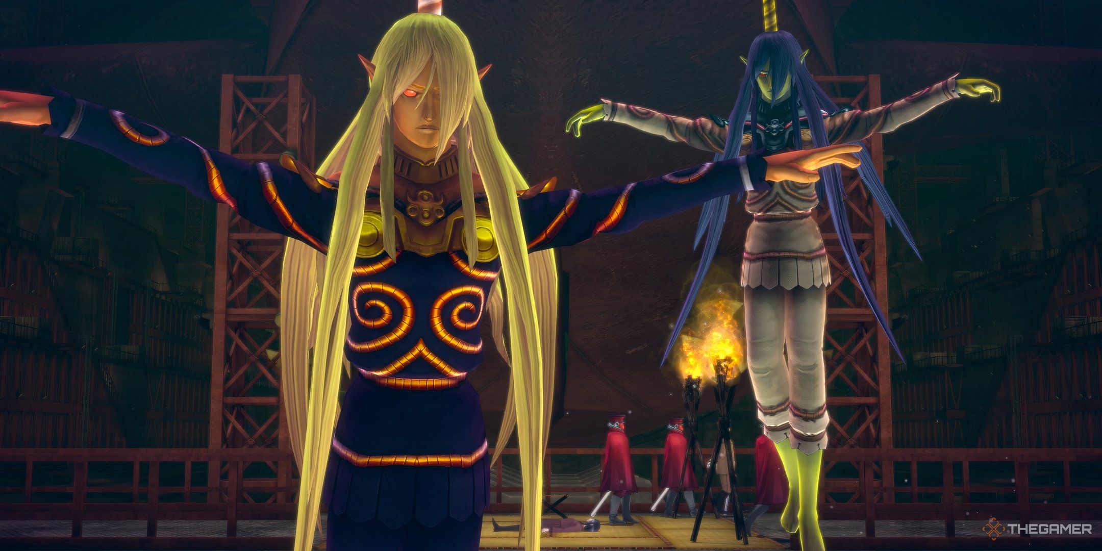 Nagasunehiko and Abihiko floating before the battle in Raidou Remastered The Mystery of the Soulless Army.