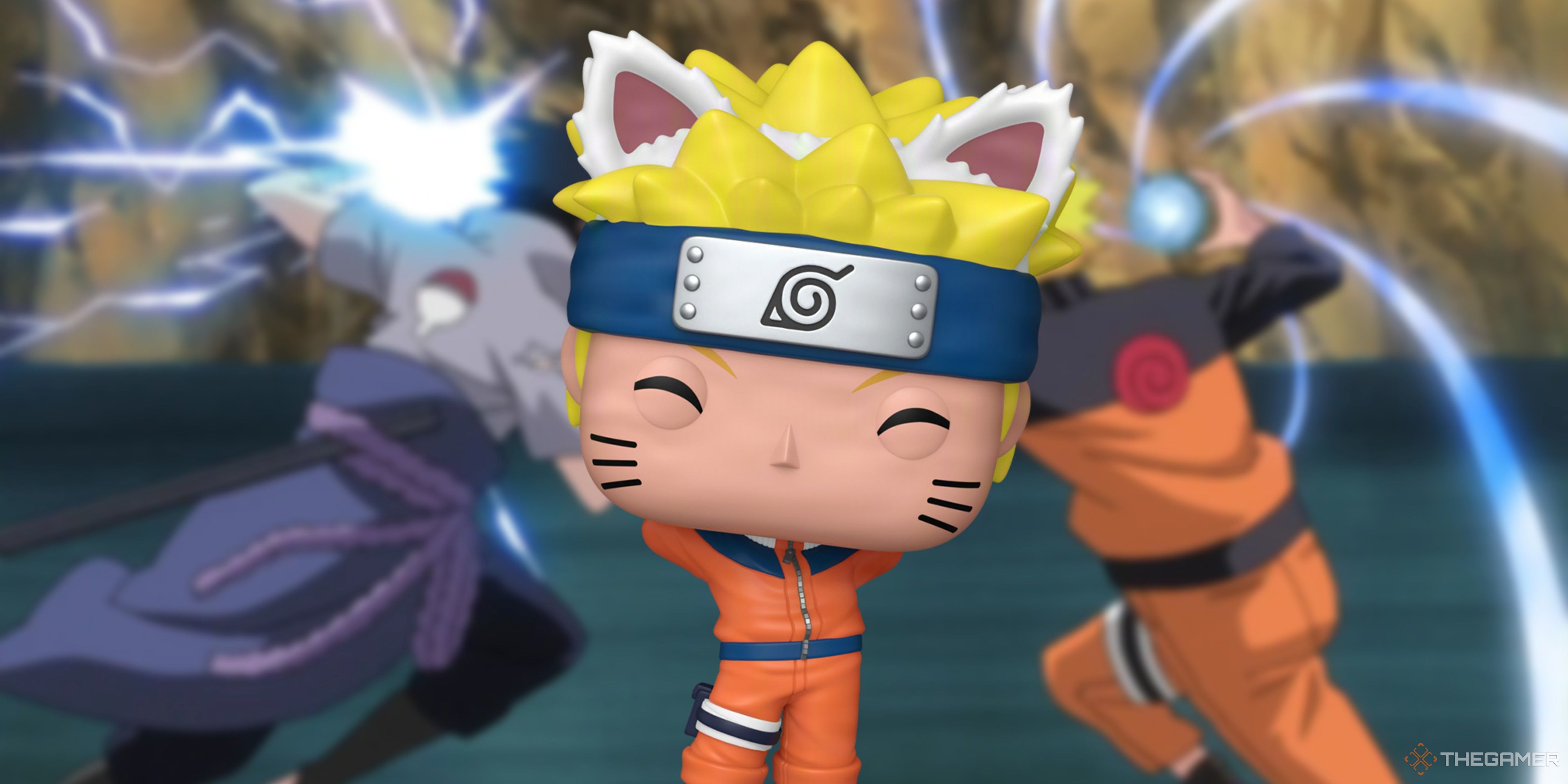 naruto cat ears funko pop in front of naruto and sasuke fighting.