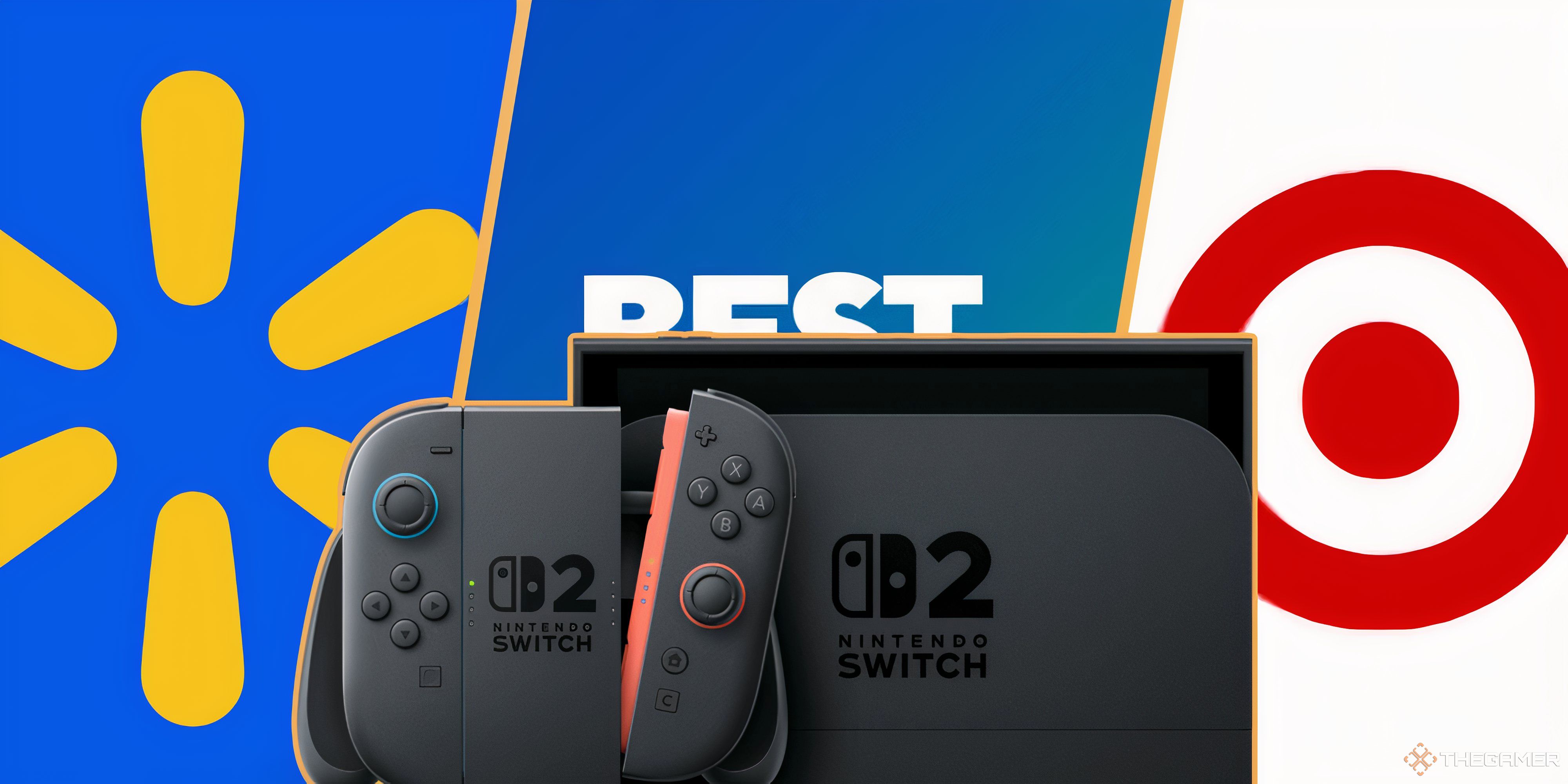 a nintendo switch 2 in front of walmart best buy and target logos.