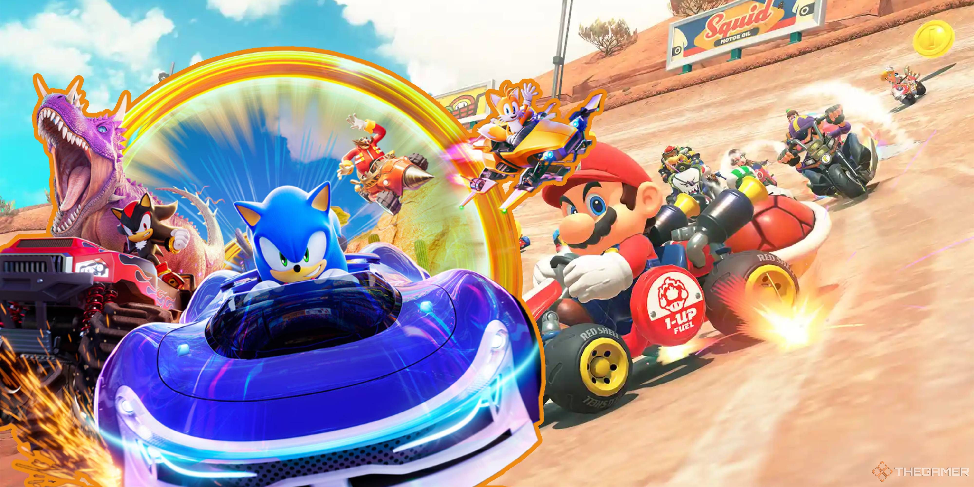 sonic racing crossworlds characters racing in front of mario kart world characters.