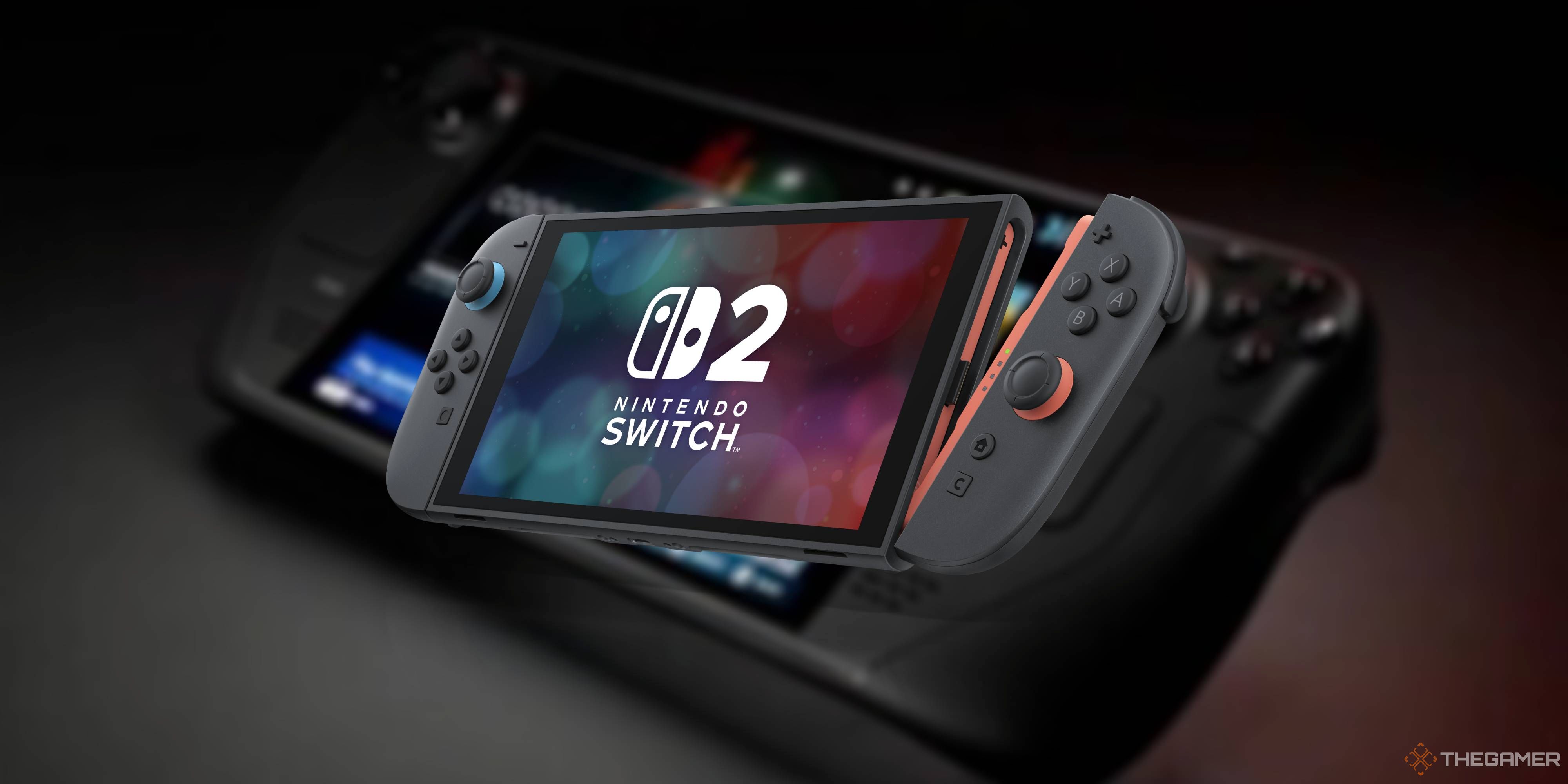nintendo switch 2 in front of a blurred steam deck.