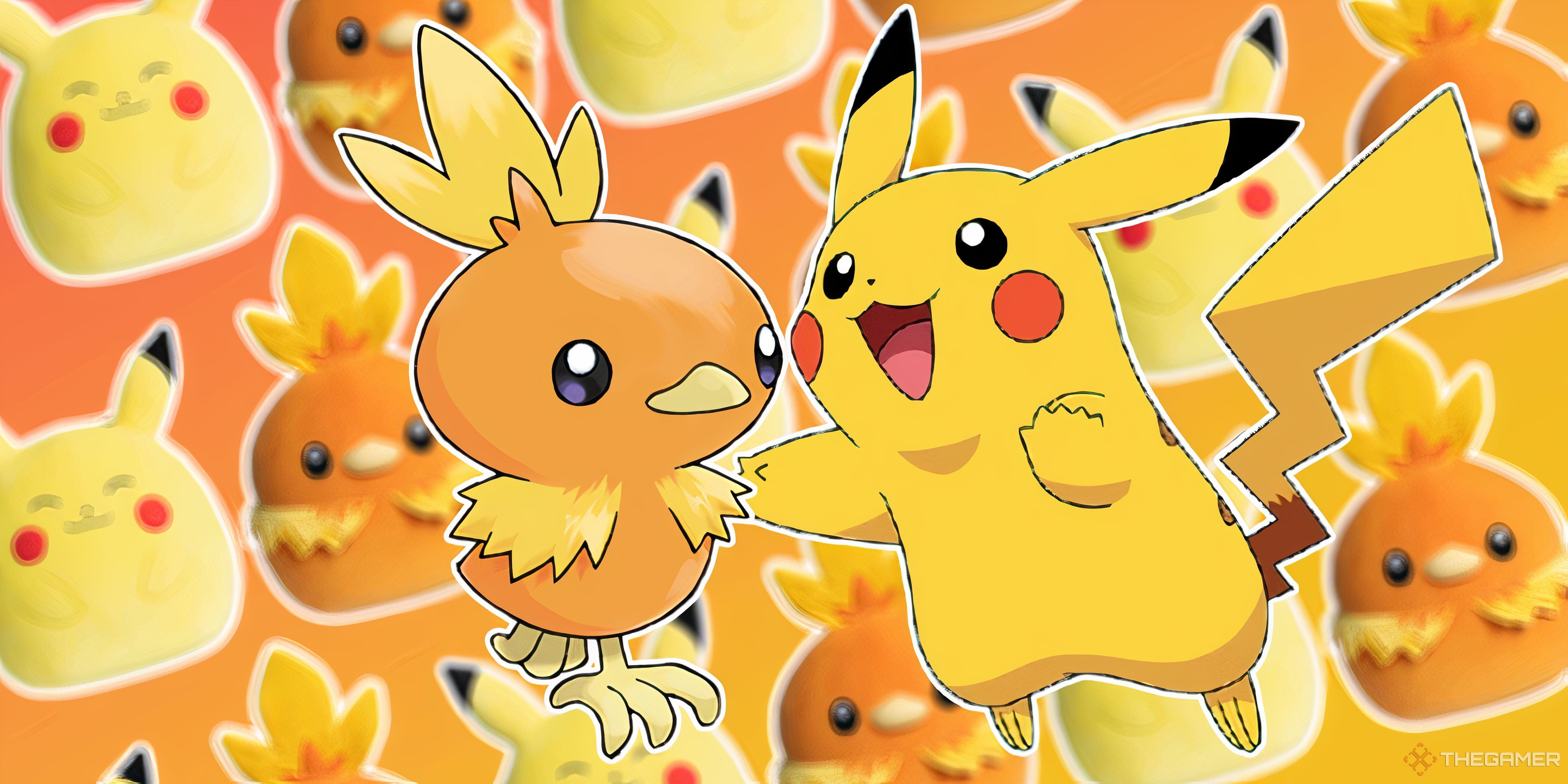 torchic and pikachu on a background of torchic and pikachu squishmallows.