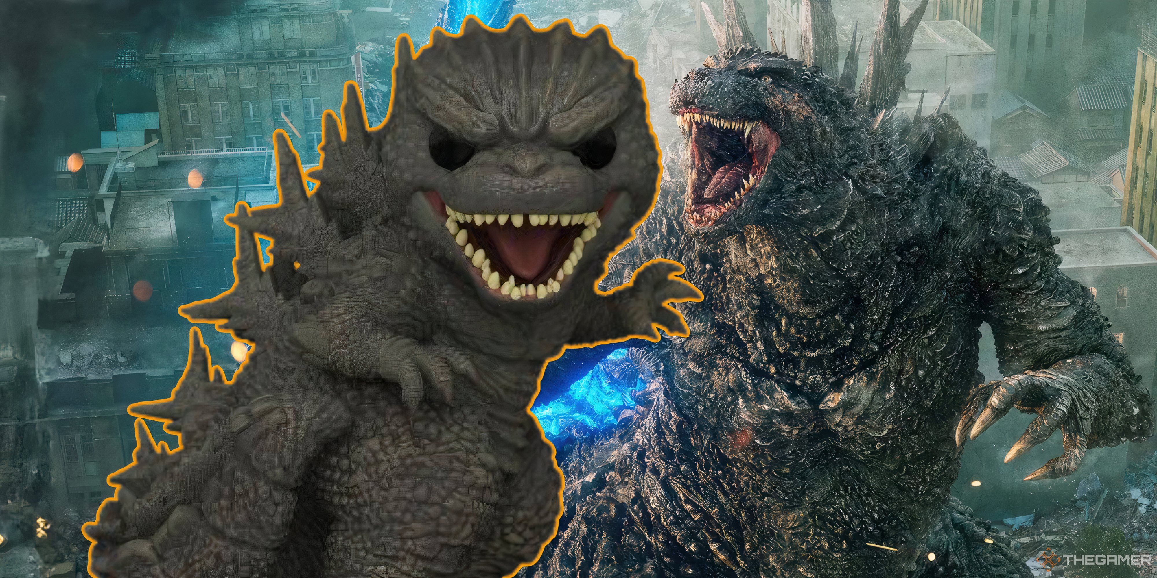 godzilla minus one super sized funko pop next to godzilla roaring in godzilla minus one.