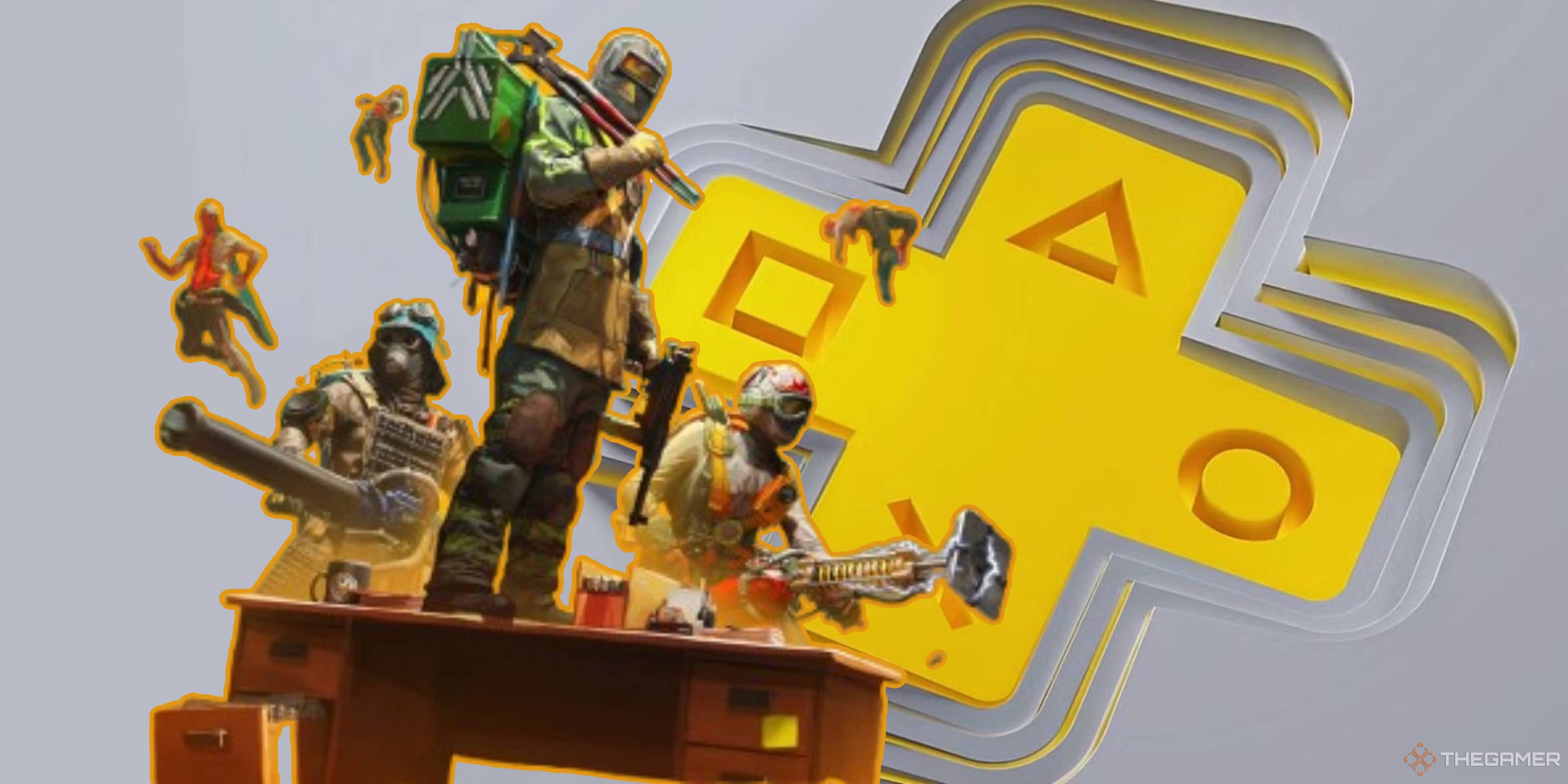 fbc firebreak characters carrying items and firing guns next to a ps plus logo.