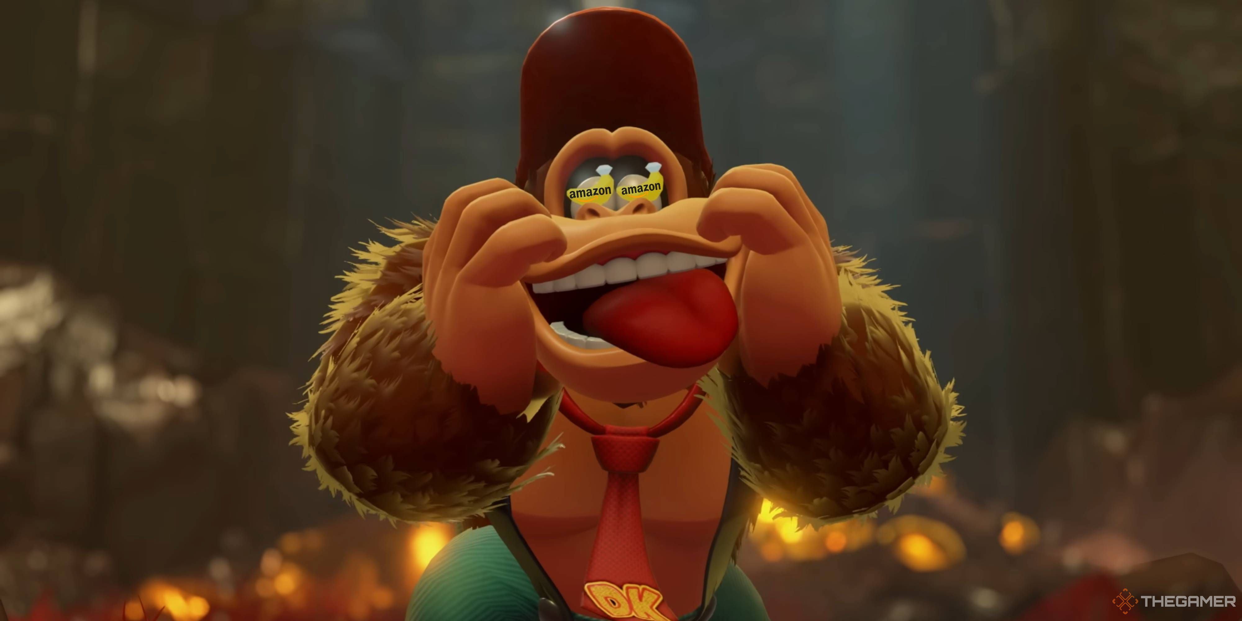 donkey kong holding his face in bananza with amazon logos in his eyes.