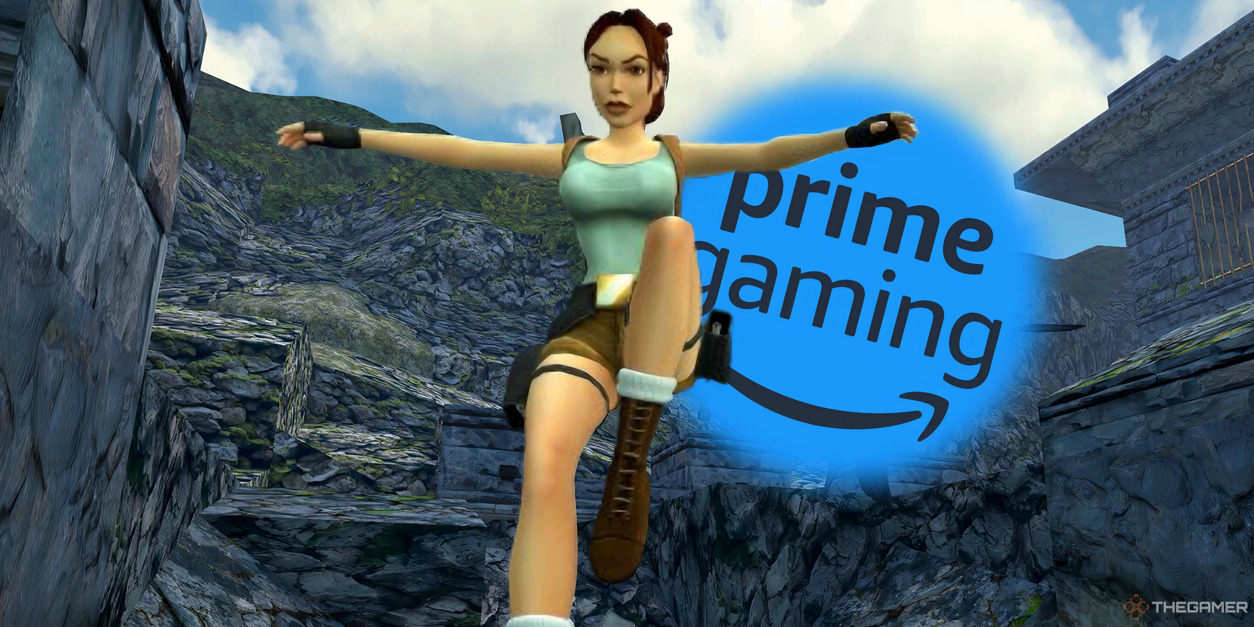 lara croft in front of a prime gaming logo in tomb raider 1-3 remastered.
