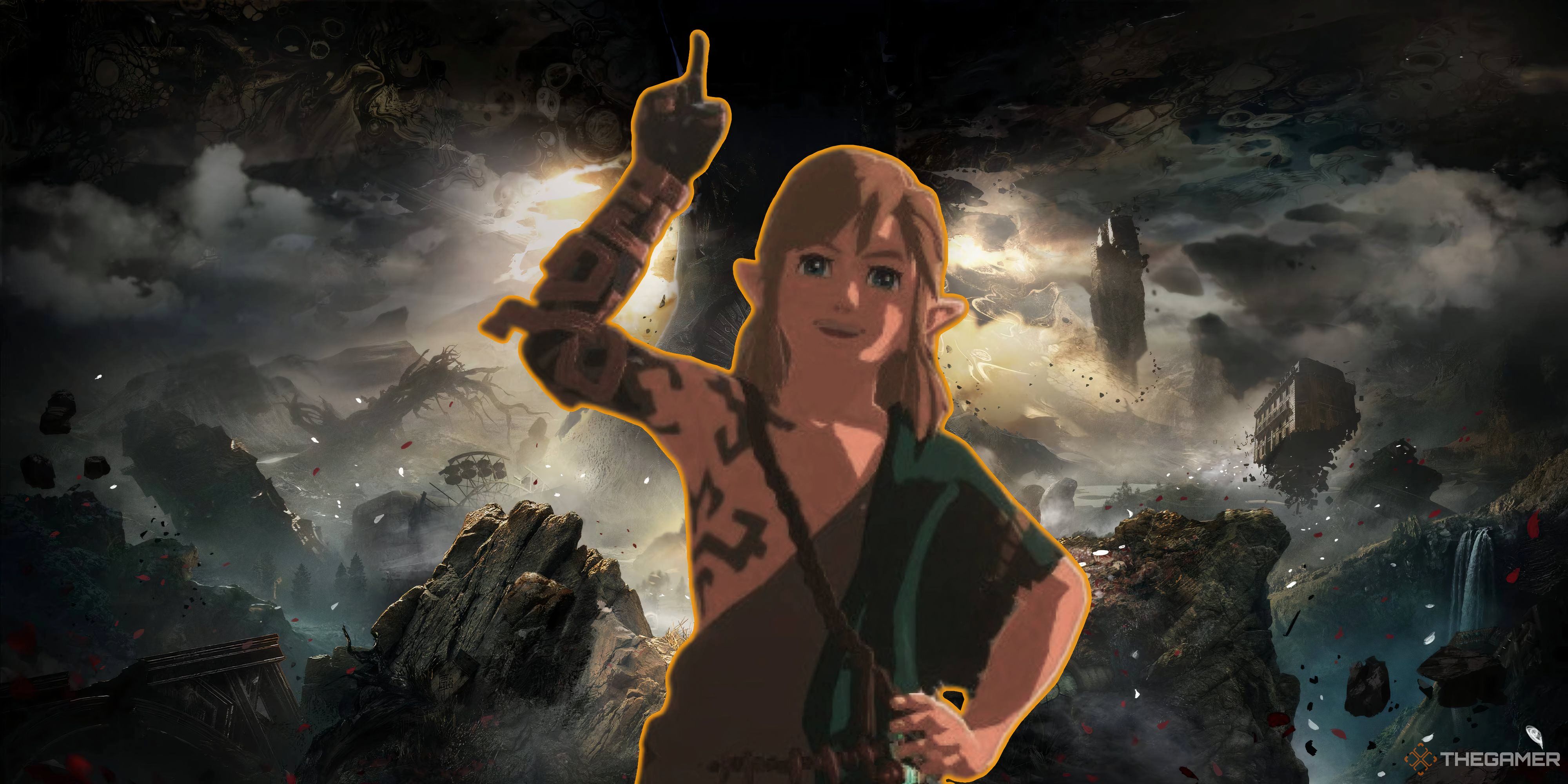 a happy link pointing into the sky in front of a skyline from clair obscur: expedition 33.