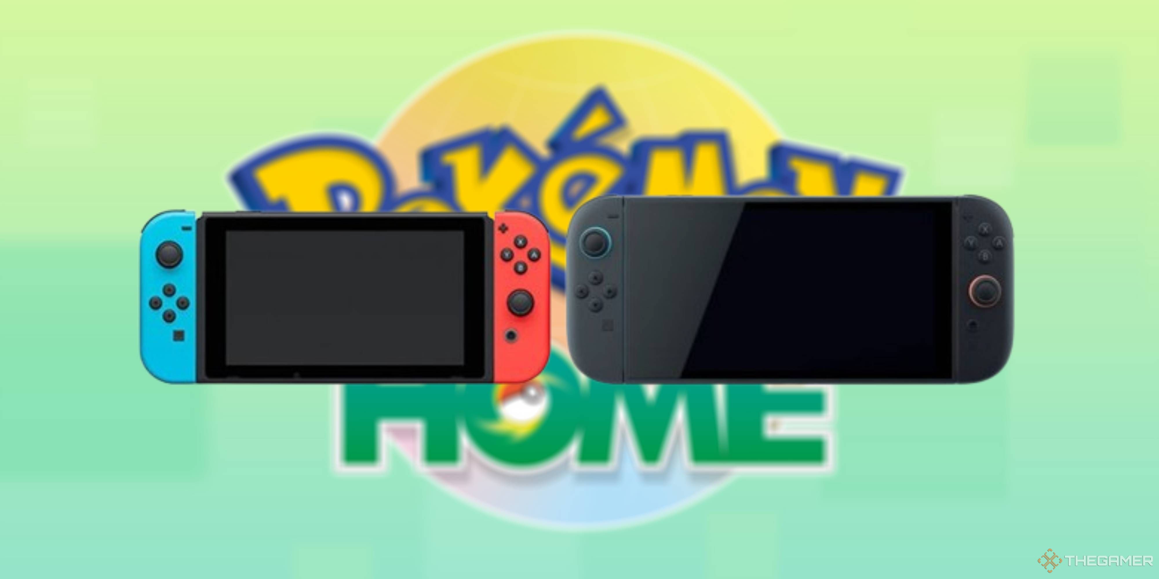 nintendo switch and switch 2 on a blurred pokemon home background.