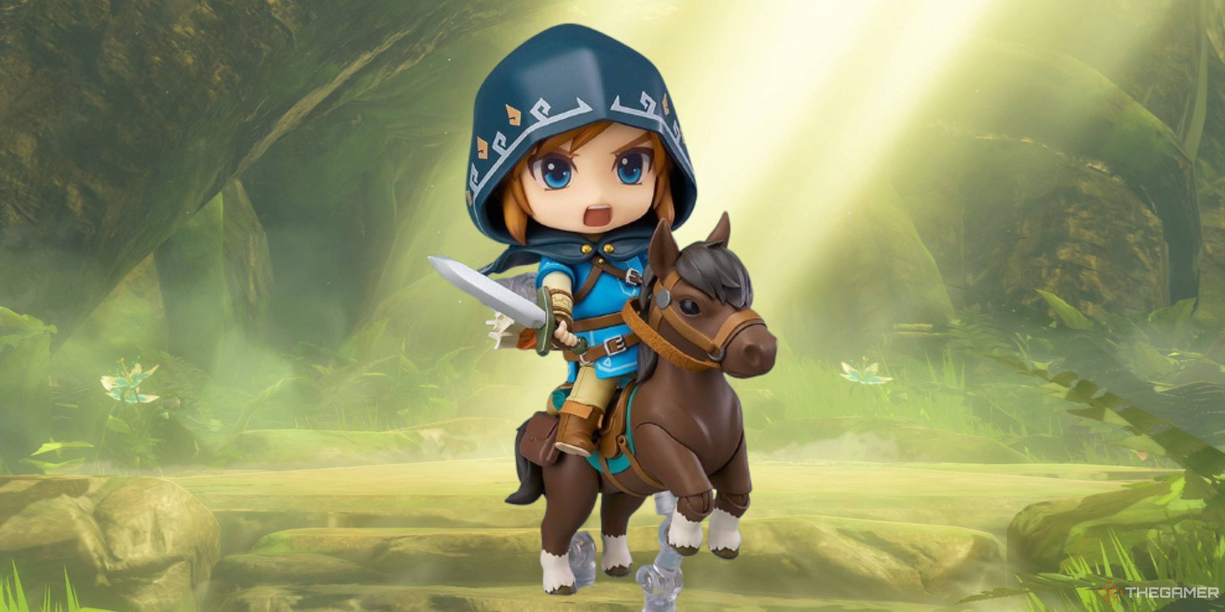 light shinging on link's breath of the wild nendoroid riding a horse.