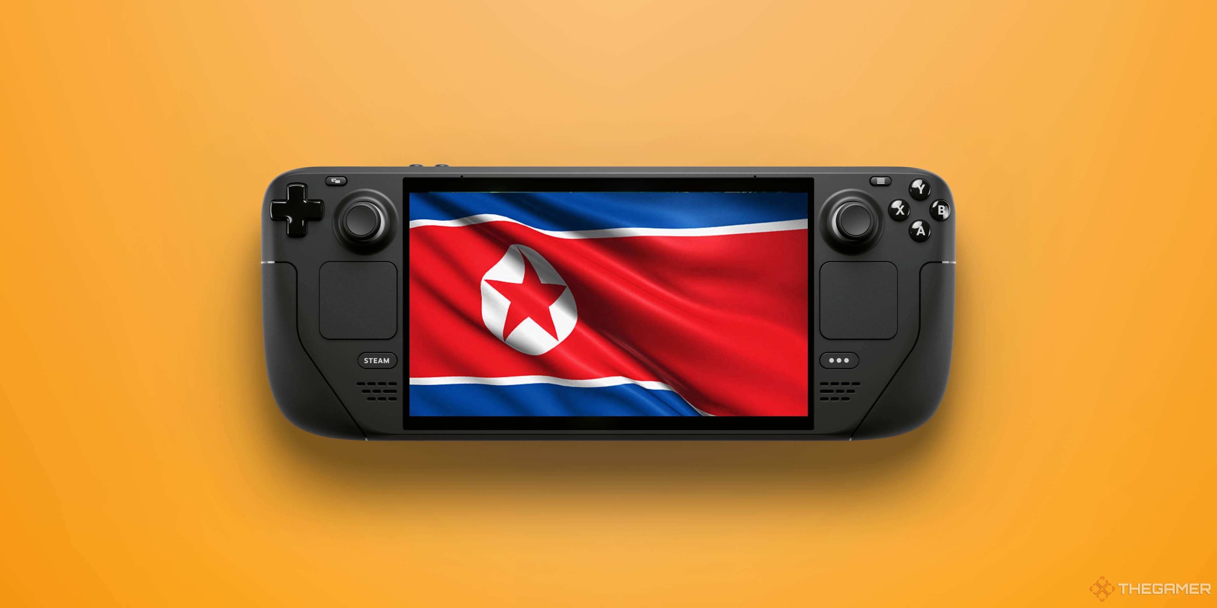 north korean flag on a steam deck screen on an orange background.