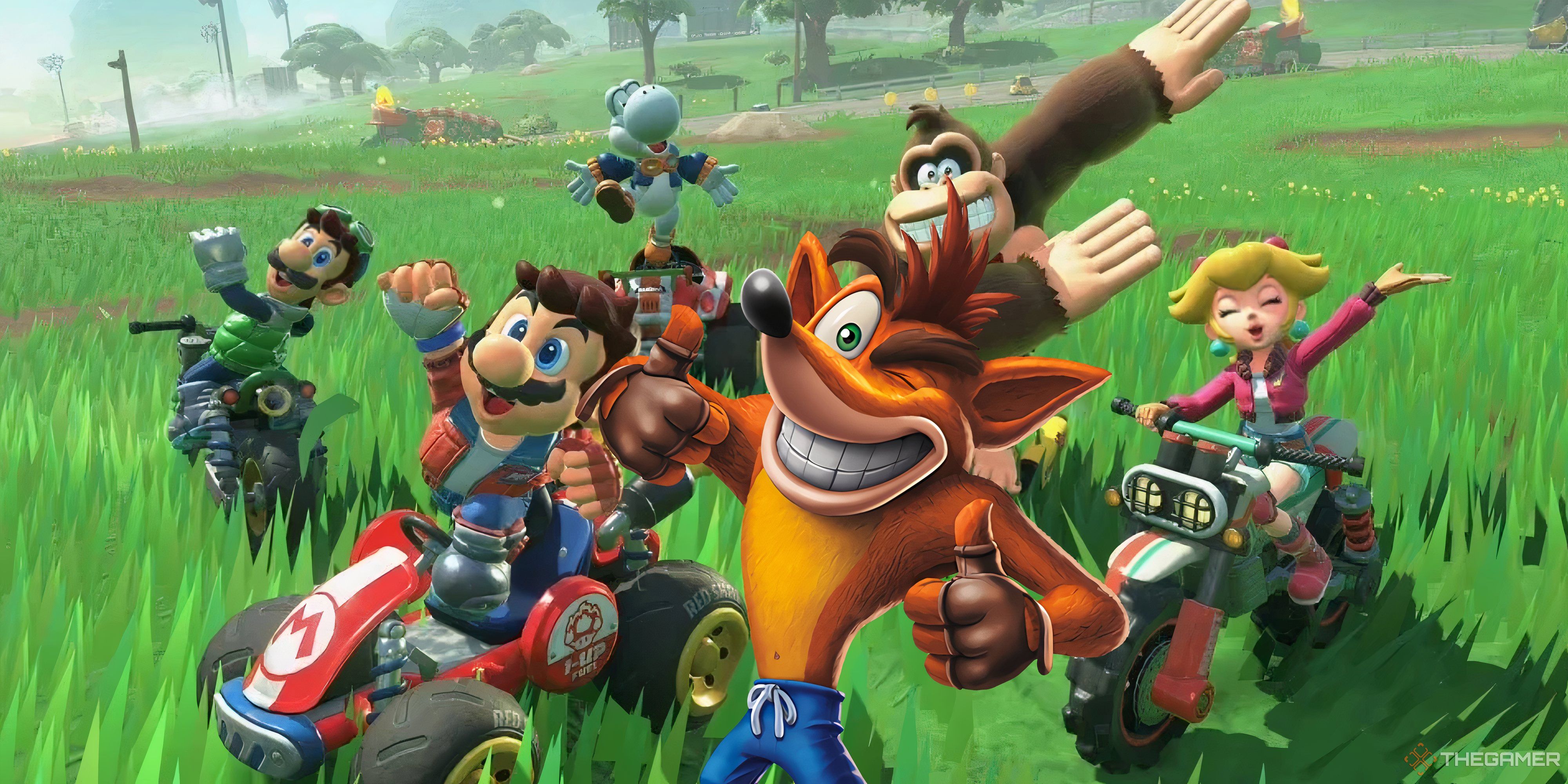 crash bandicoot posing with characters in mario kart world.