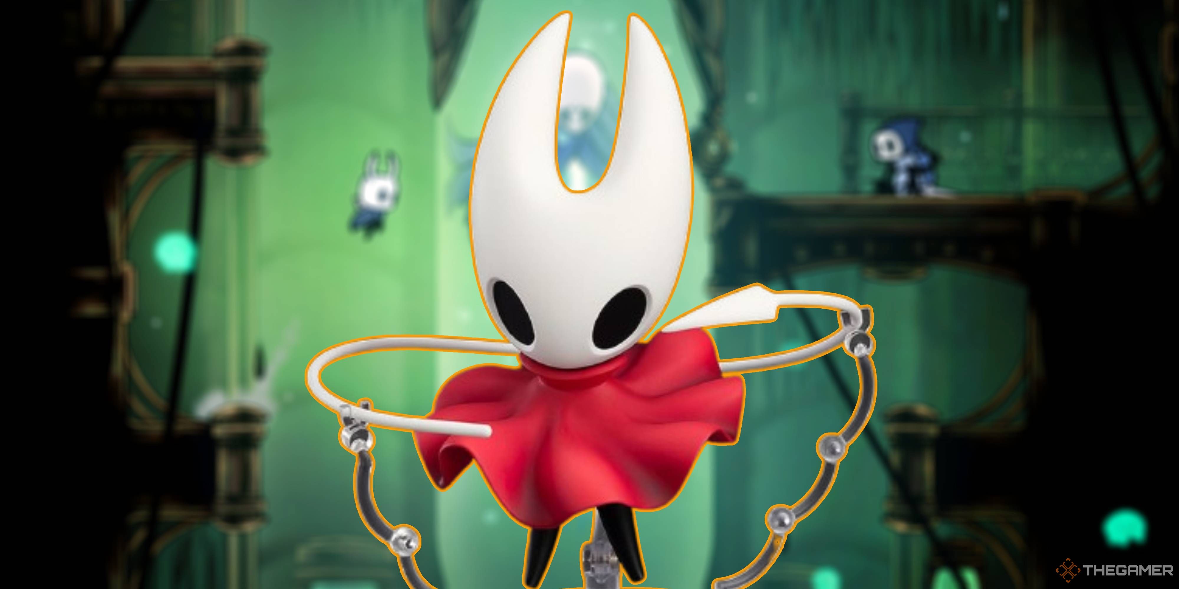 hollow knight hornet nendoroid on a blurred hollow knight background.