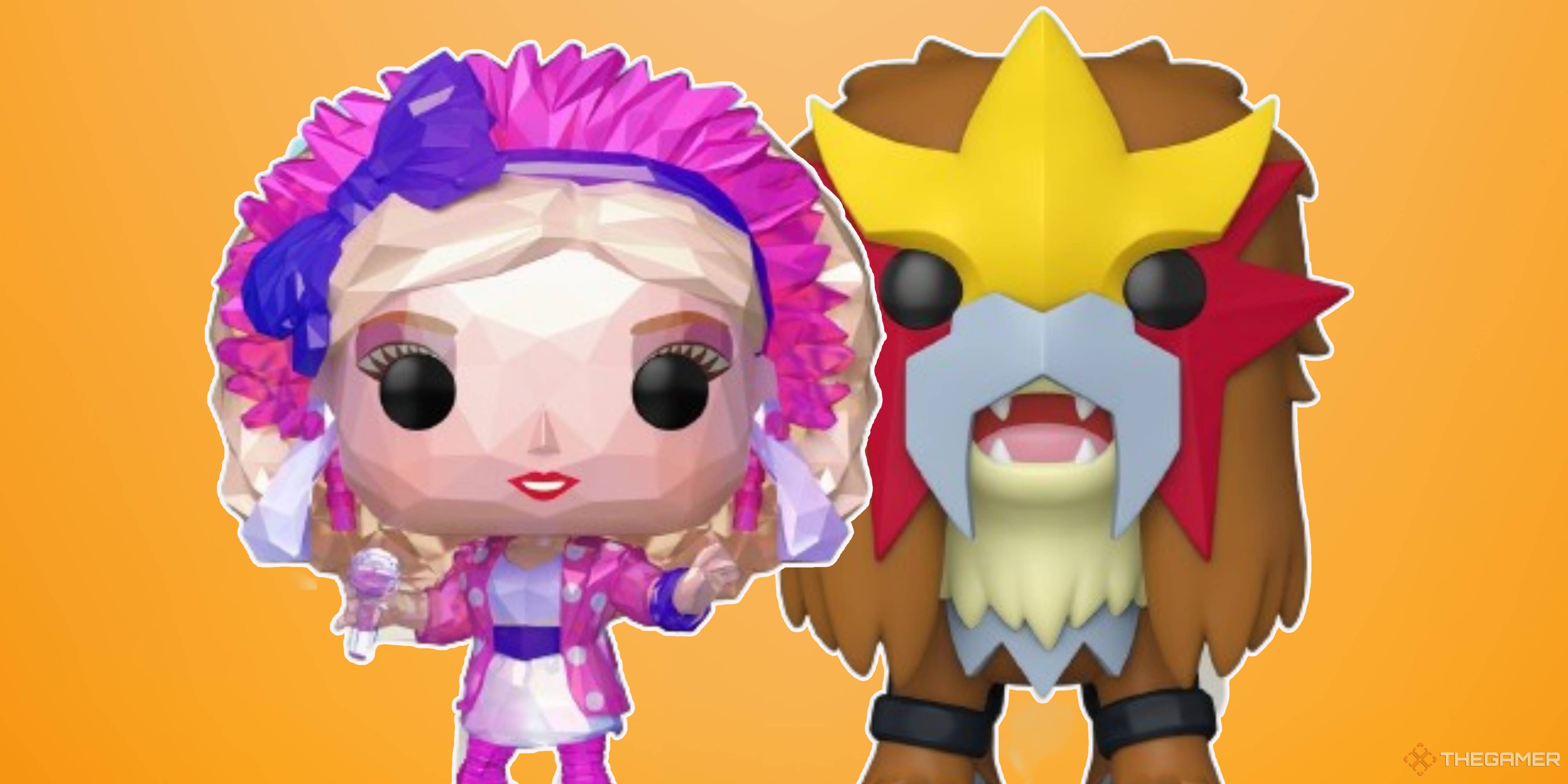 faceted barbie and jumbo entei funko pops.