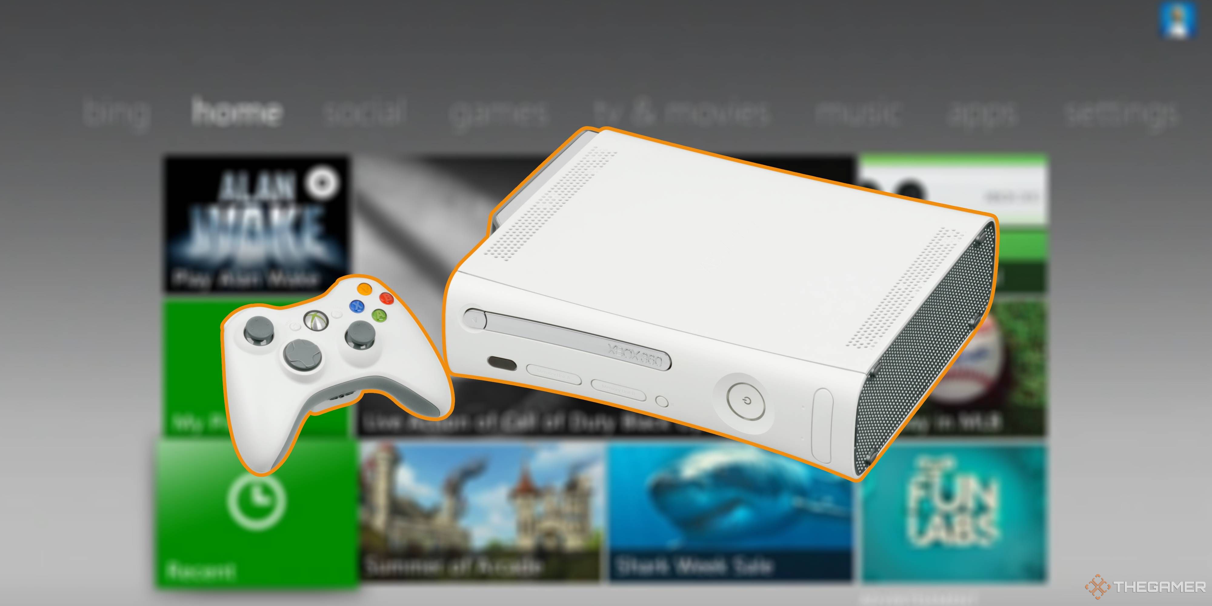 xbox 360 and a controller on an xbox 360 dashboard.