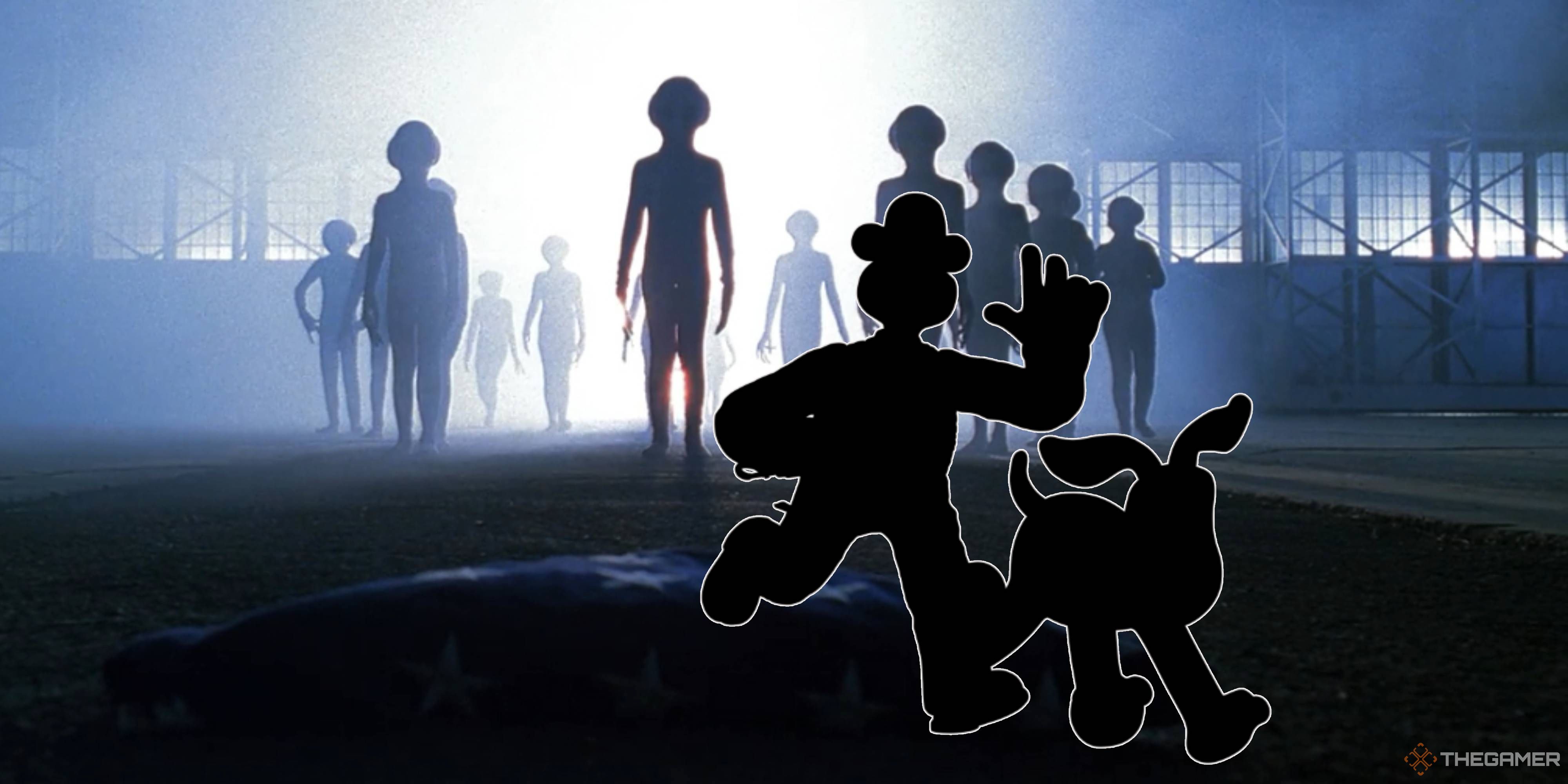 wallace and gromt silhouettes running from x-files aliens.