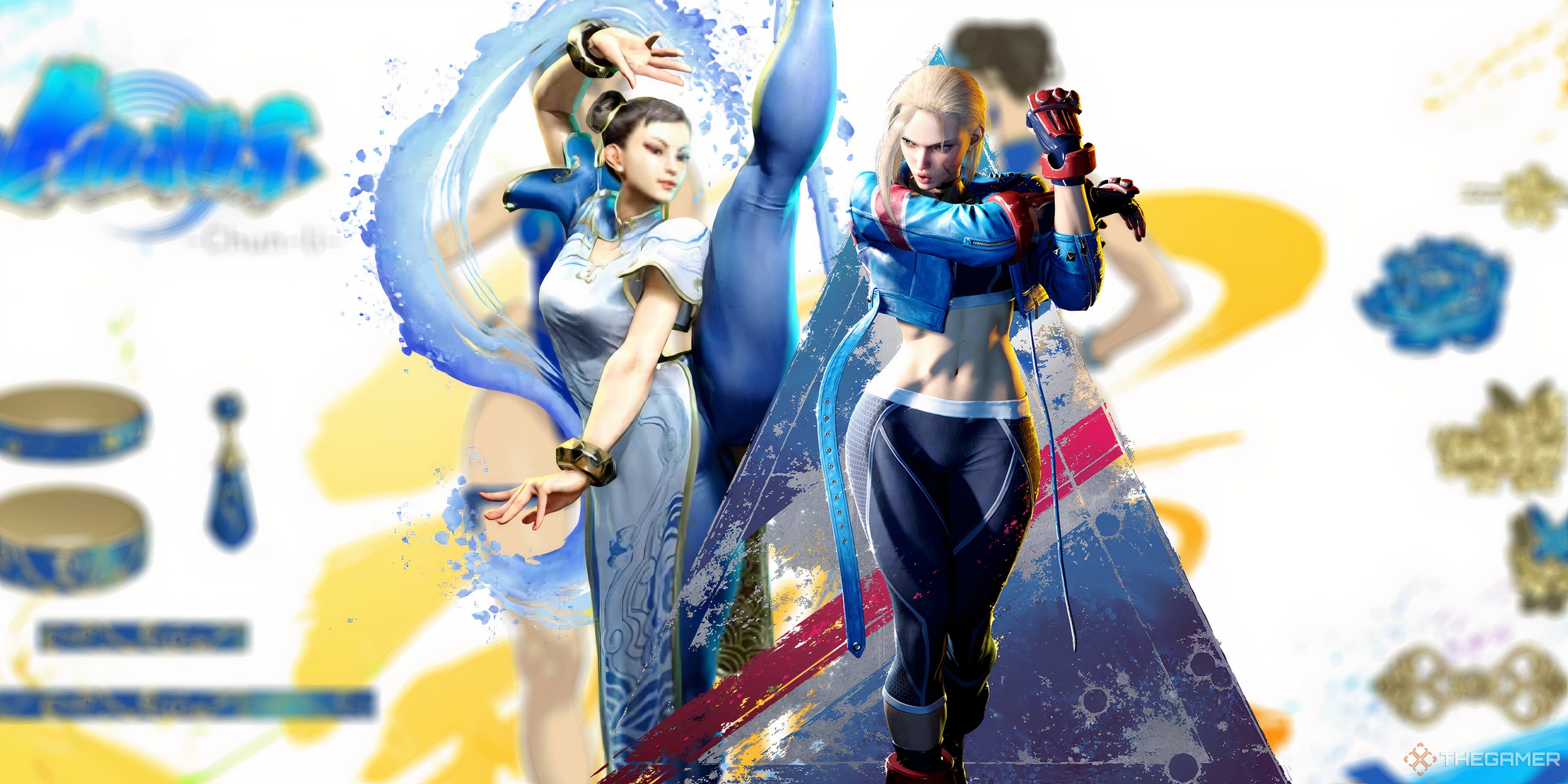 chun li and cammy from street fighter 6 in front of a blurred chun li bikini image.