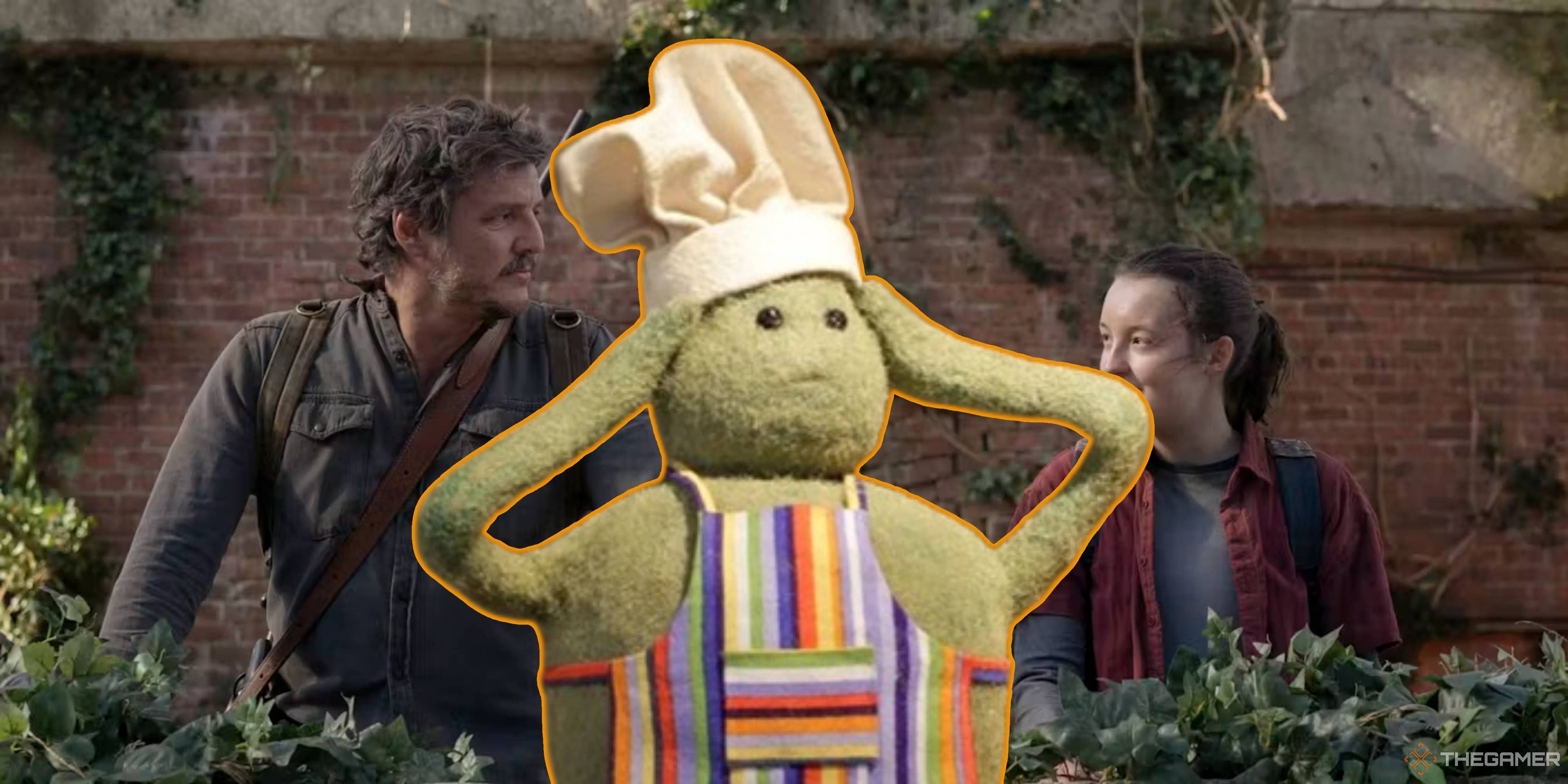 tiny chef standing between joel and ellie in the last of us.