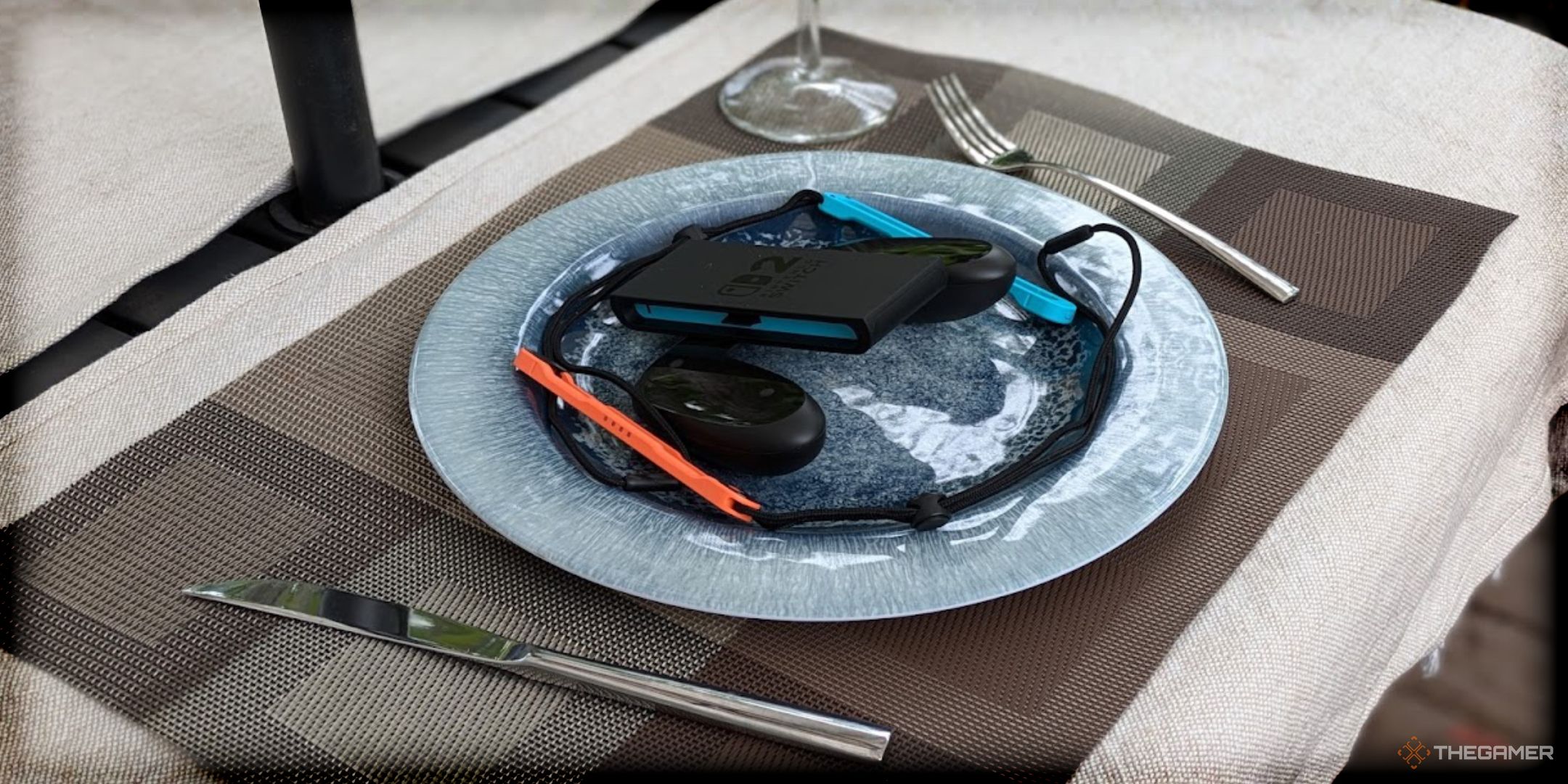 Nintendo Switch 2 accessories on a dinner plate.
