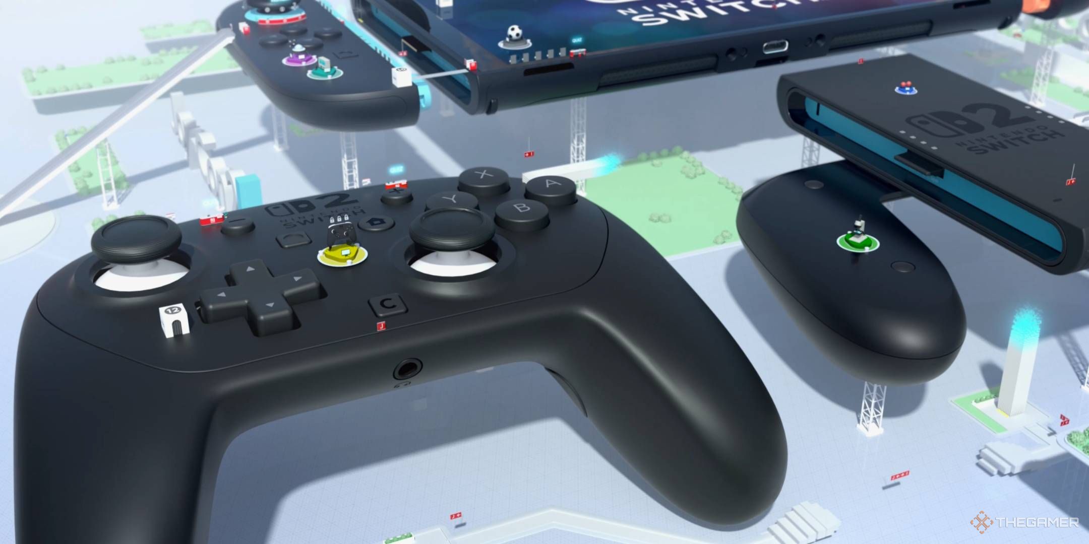 Nintendo Switch 2 Welcome Tour screenshot of the console, a Joy-Con, and the Pro Controller.