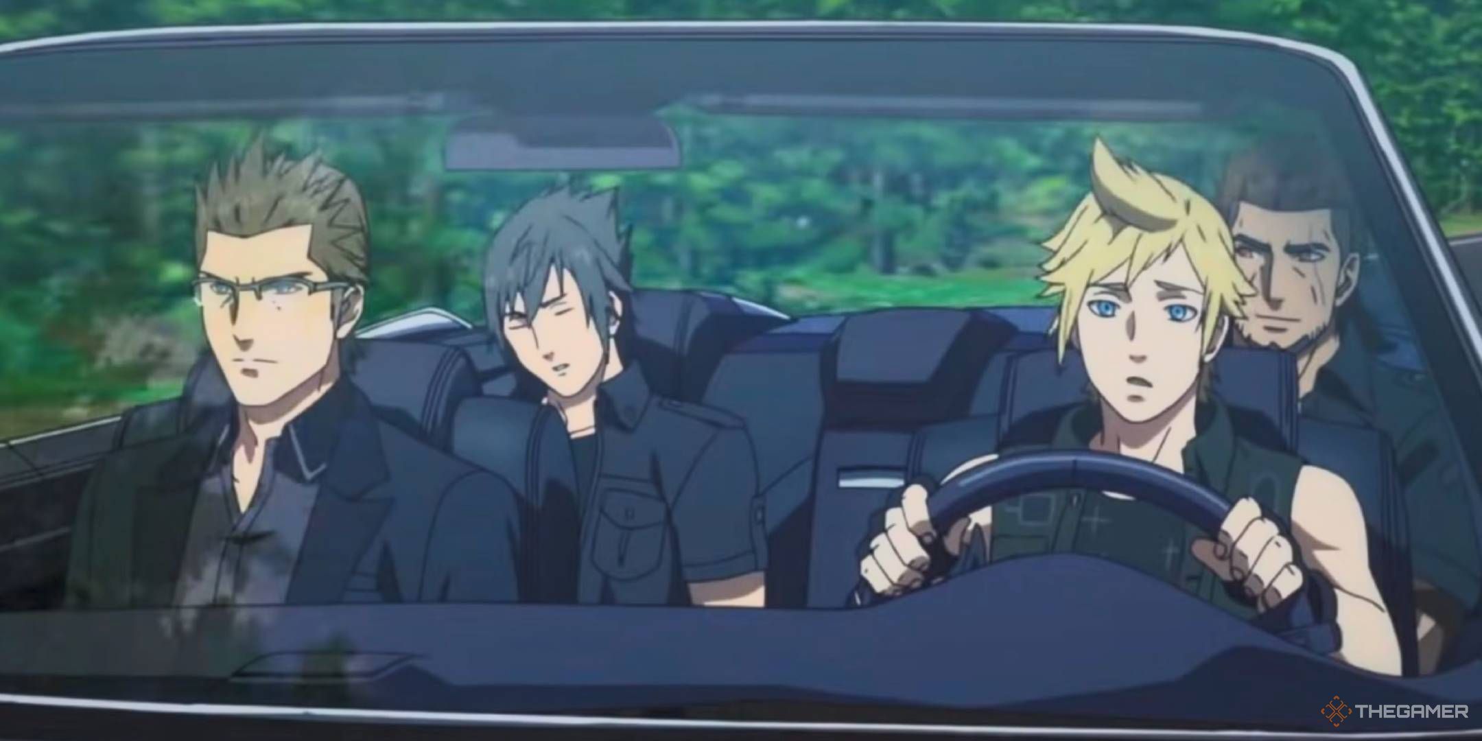 Noctis, Ignis, Gladio, and Prompto in the Regalia driving through a forest in Final Fantasy XV Brotherhood.