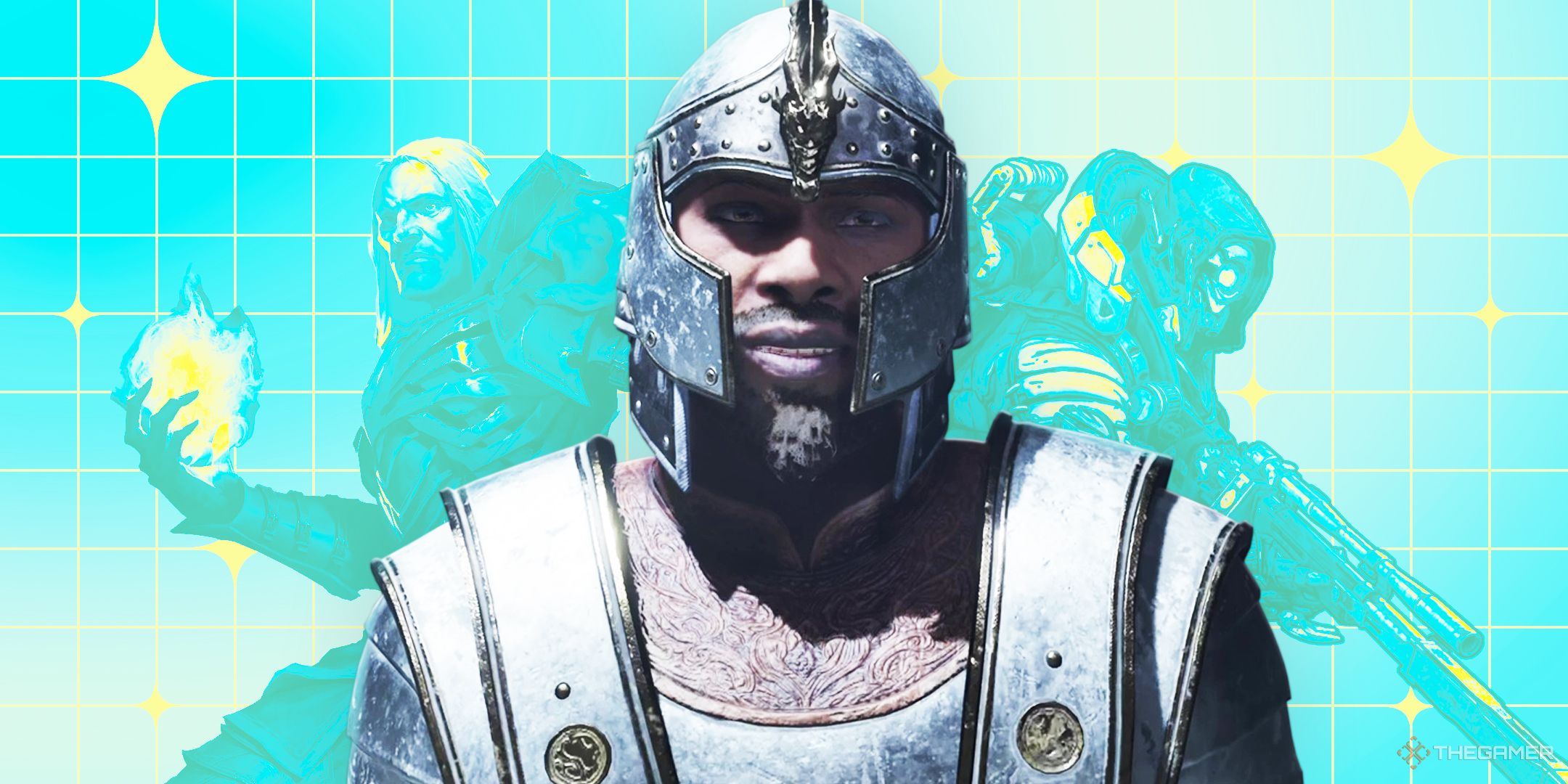 A character in Oblivion remastered over a background of Borderlands and Diablo.