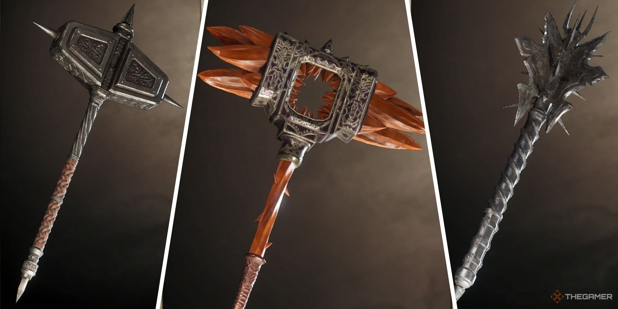 A split image of Volendrung, Nerveshatter, and Mace of Molag Bal in Oblivion Remastered.
