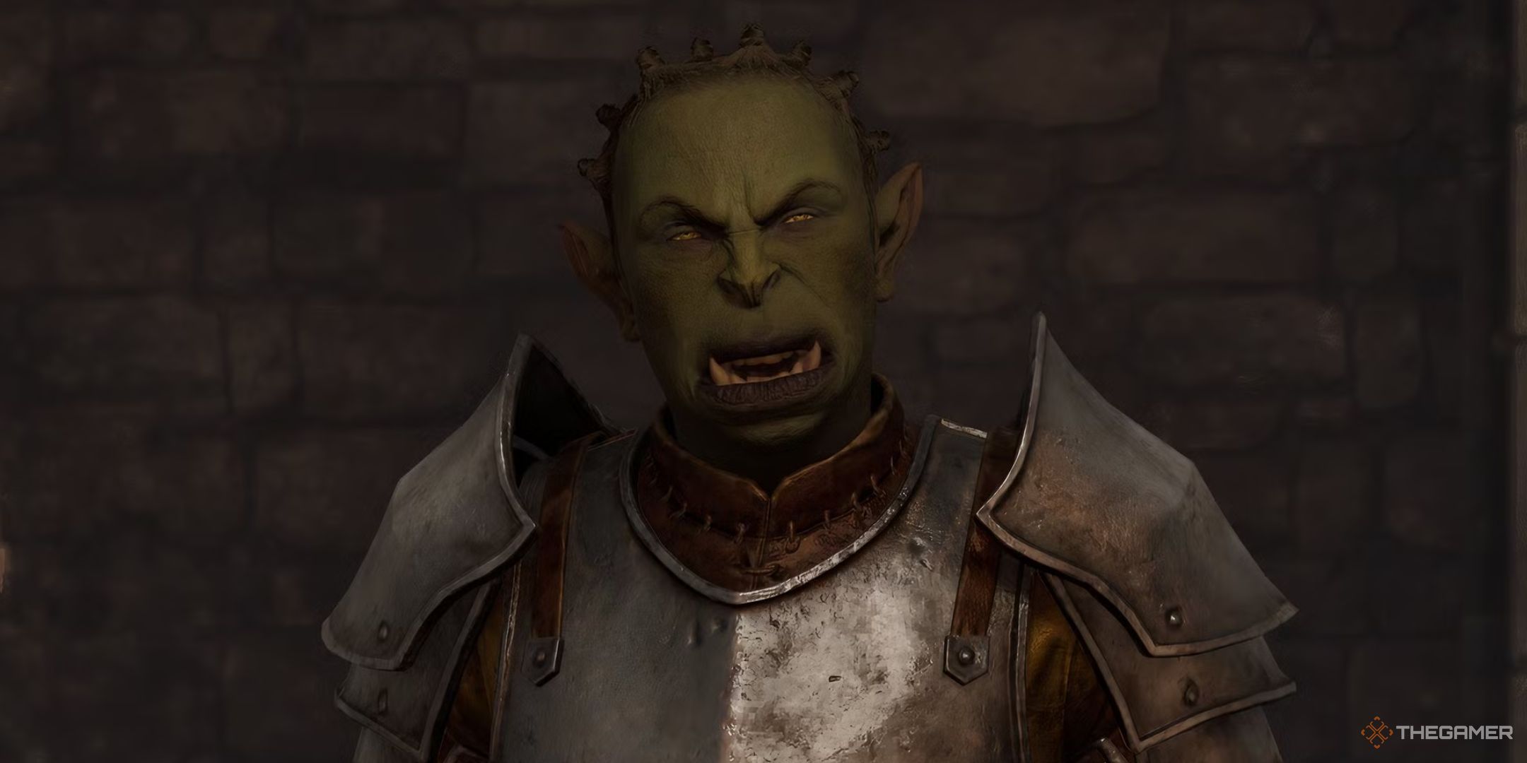 Mazoga in Oblivion Remastered. She is a green orc with protruding teeth, short hair, and pointed ears. She is wearing silver armour.