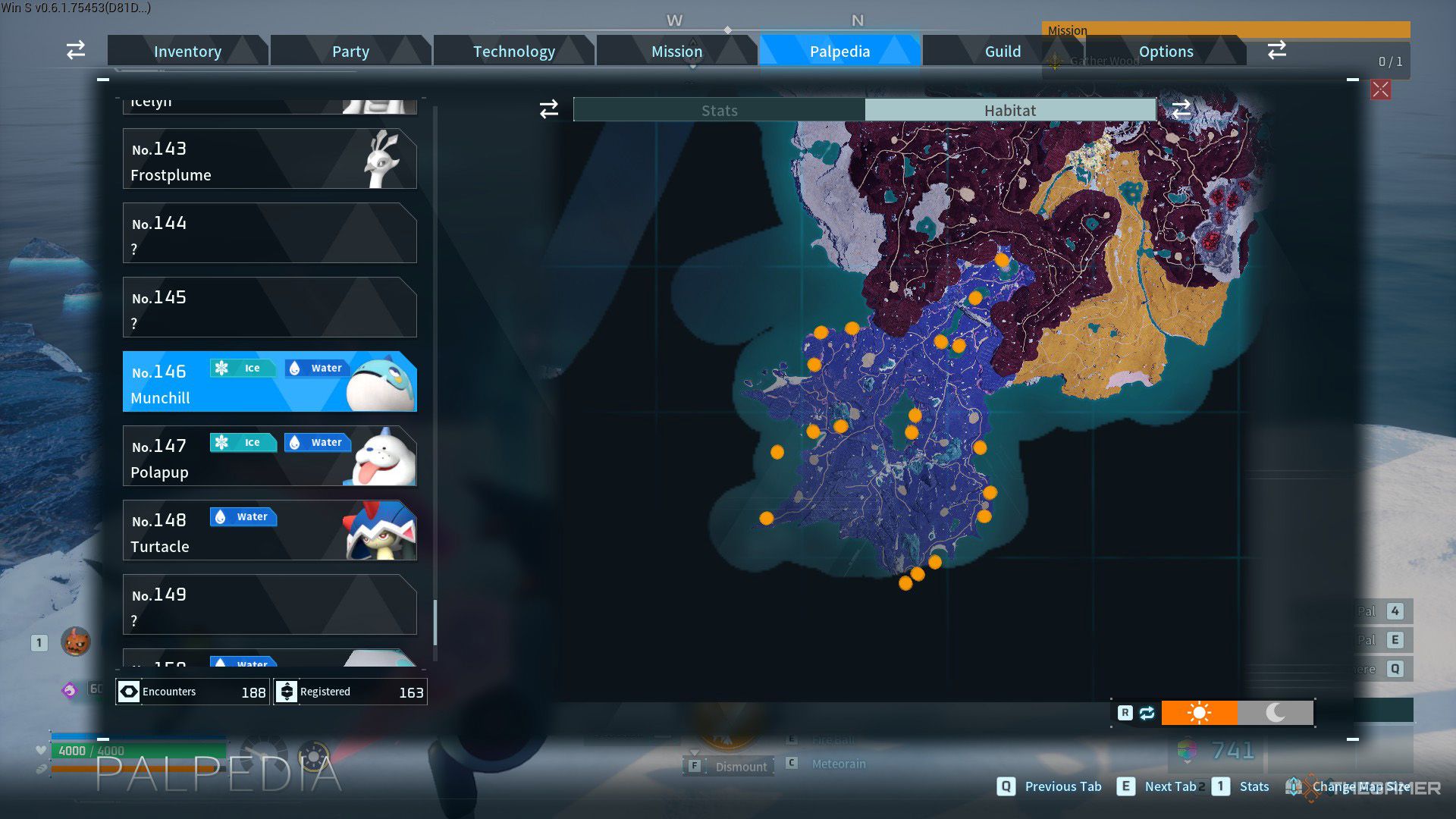 Orange spots on Feybreak Island's shows Munchill spawn locations in Palworld.