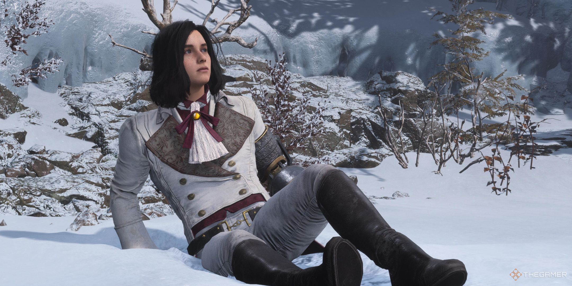 P dressed all in white sitting in the snow in Lies Of P Overture.