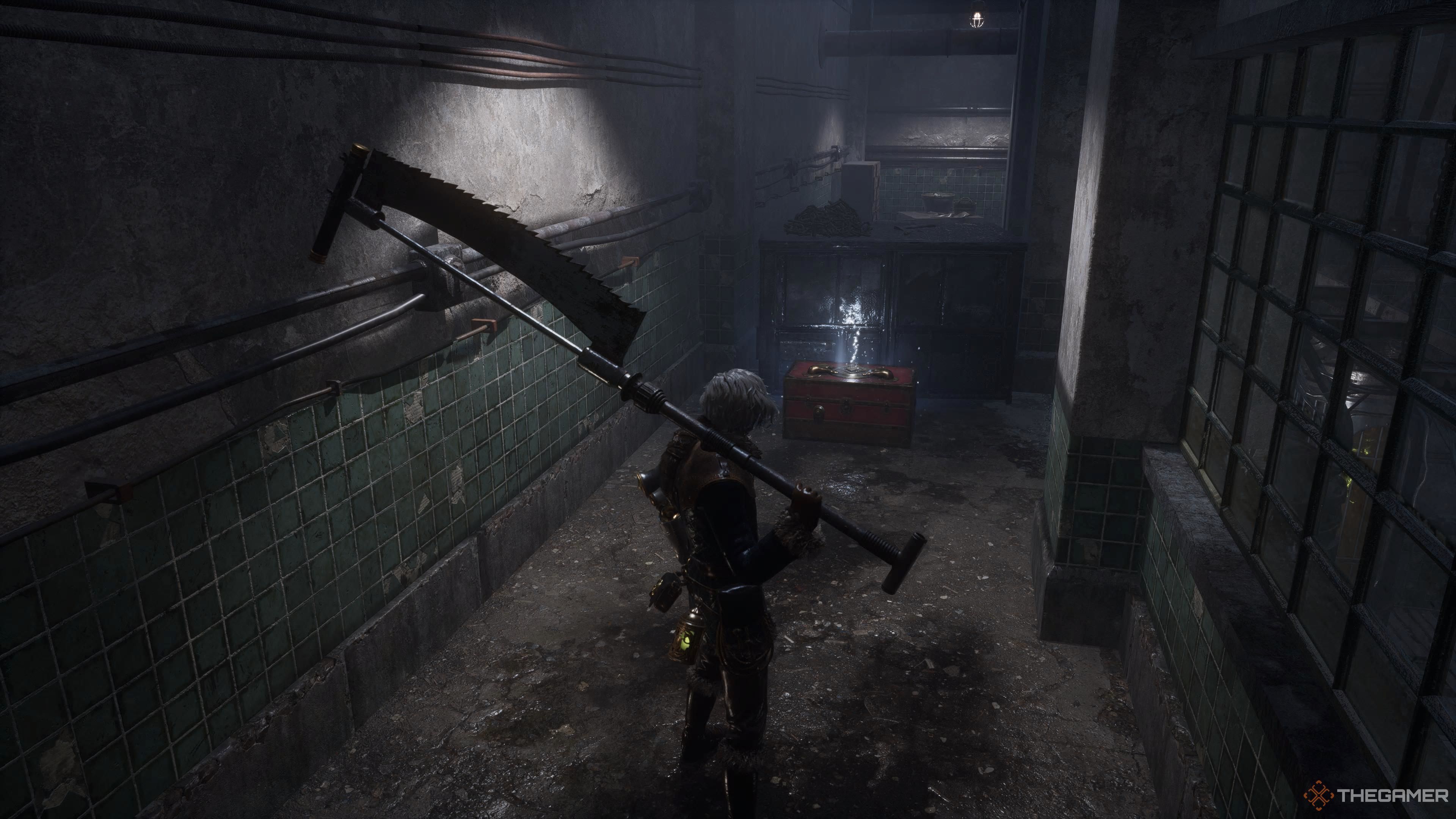 P facing the chest at the beginning of the Elixir Research Zone of Lies Of P Overture.