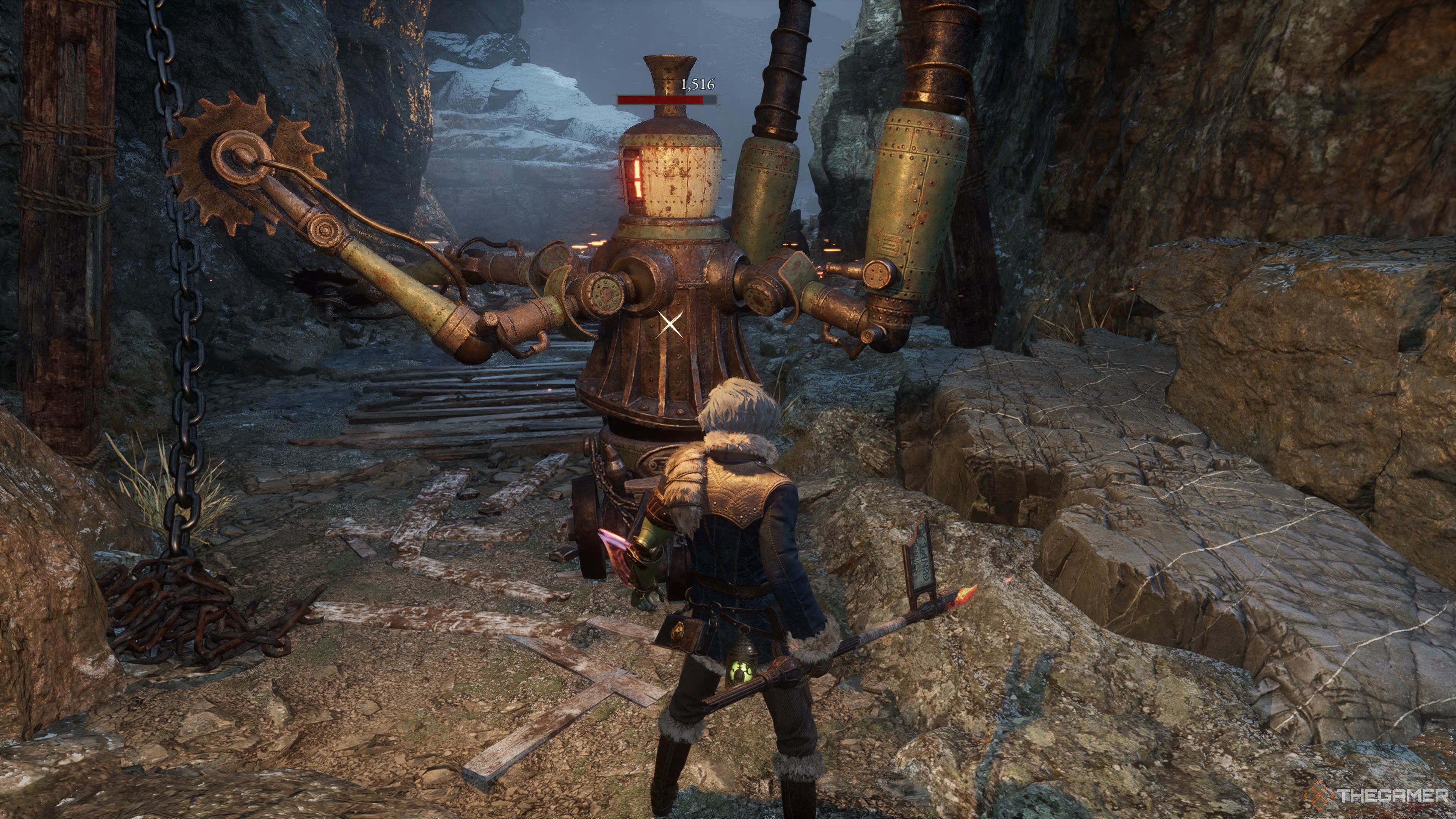 P fighting the saw blade robot in Lies Of P Overture.