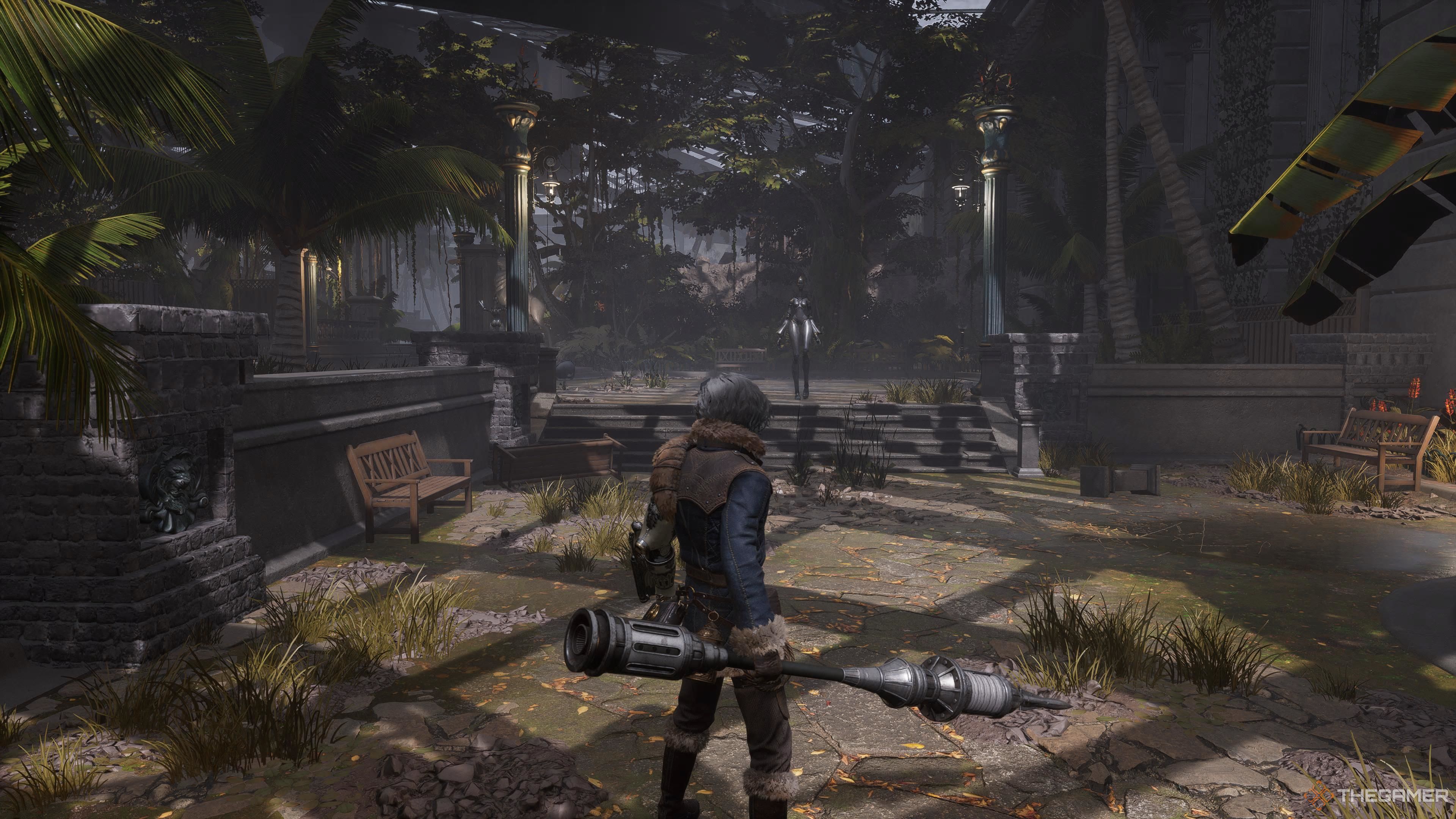 P inside the Greehouse facing an enemy robot in Lies Of P Overture.