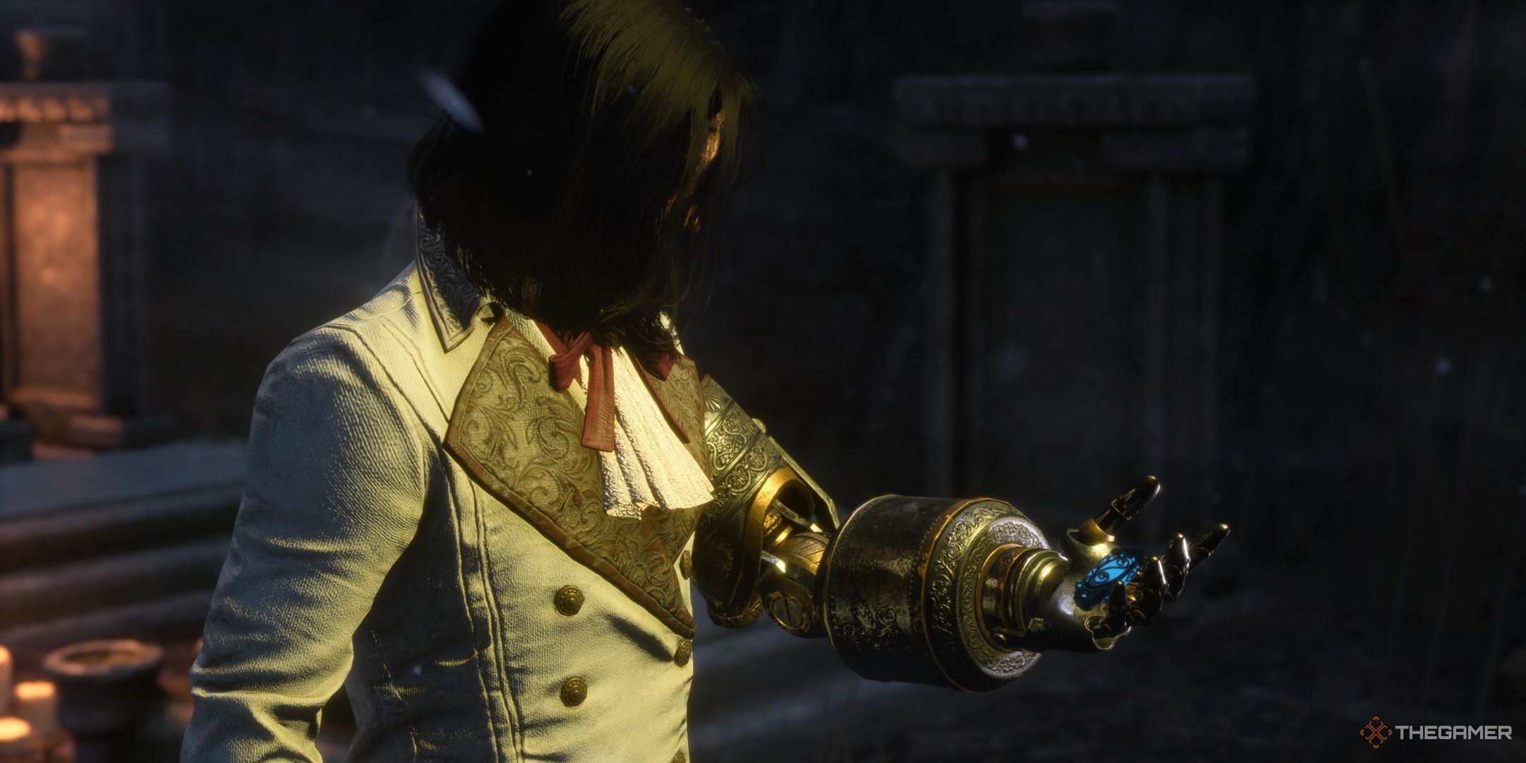 P looking at something that is glowing in his hands in Lies Of P Overture.