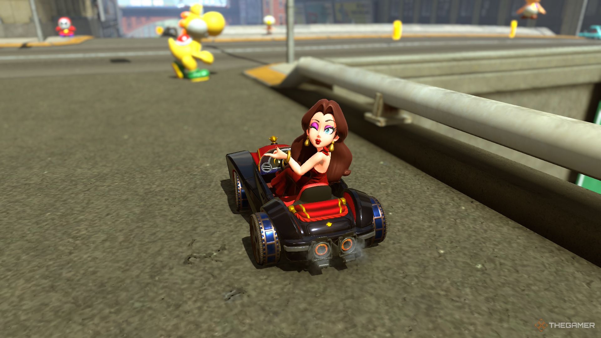 Pauline winking to the camera while driving a fancy car in Mario Kart World