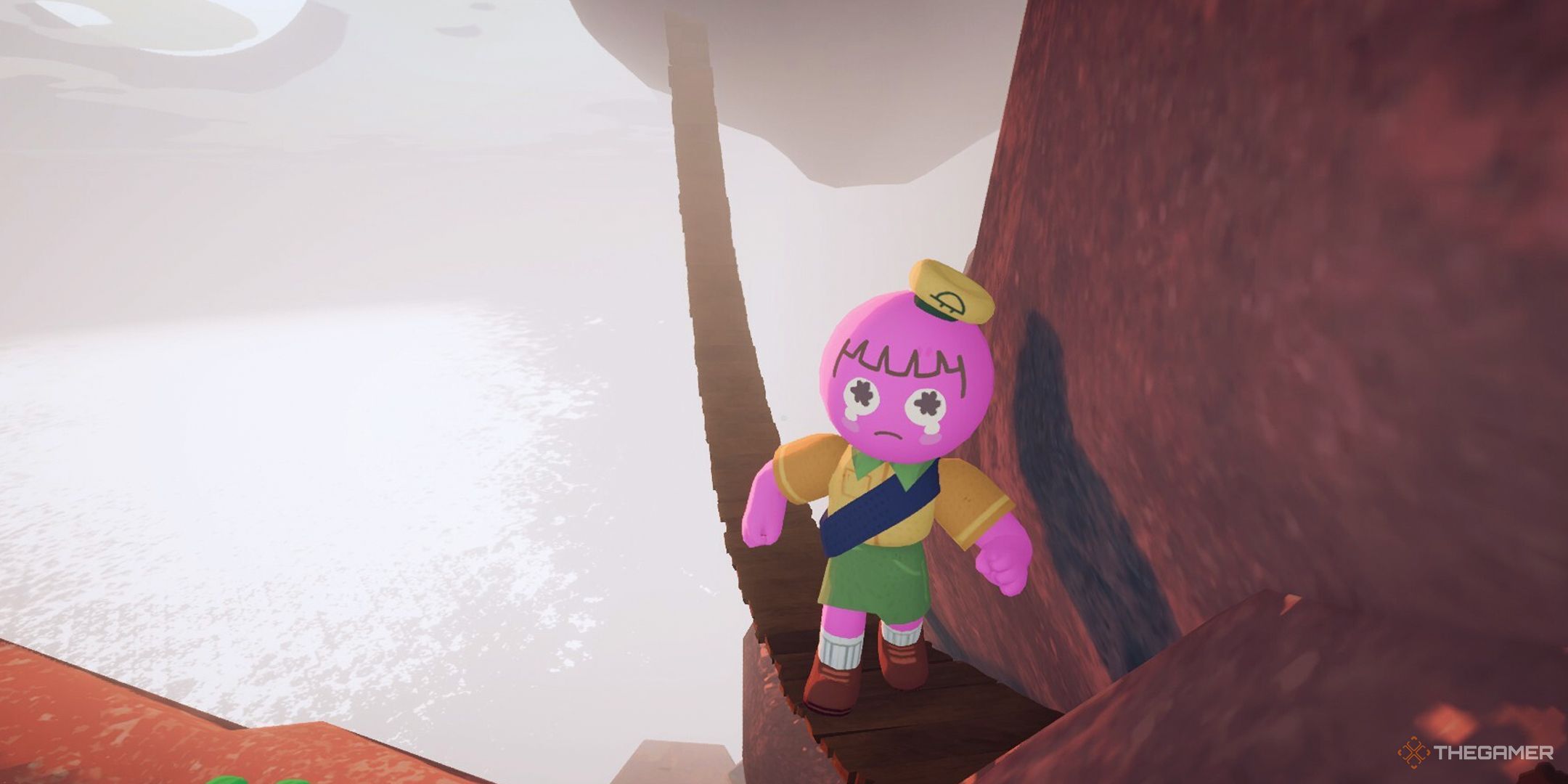 A character in Peak crossing a wooden bridge with a sad expression on his face.