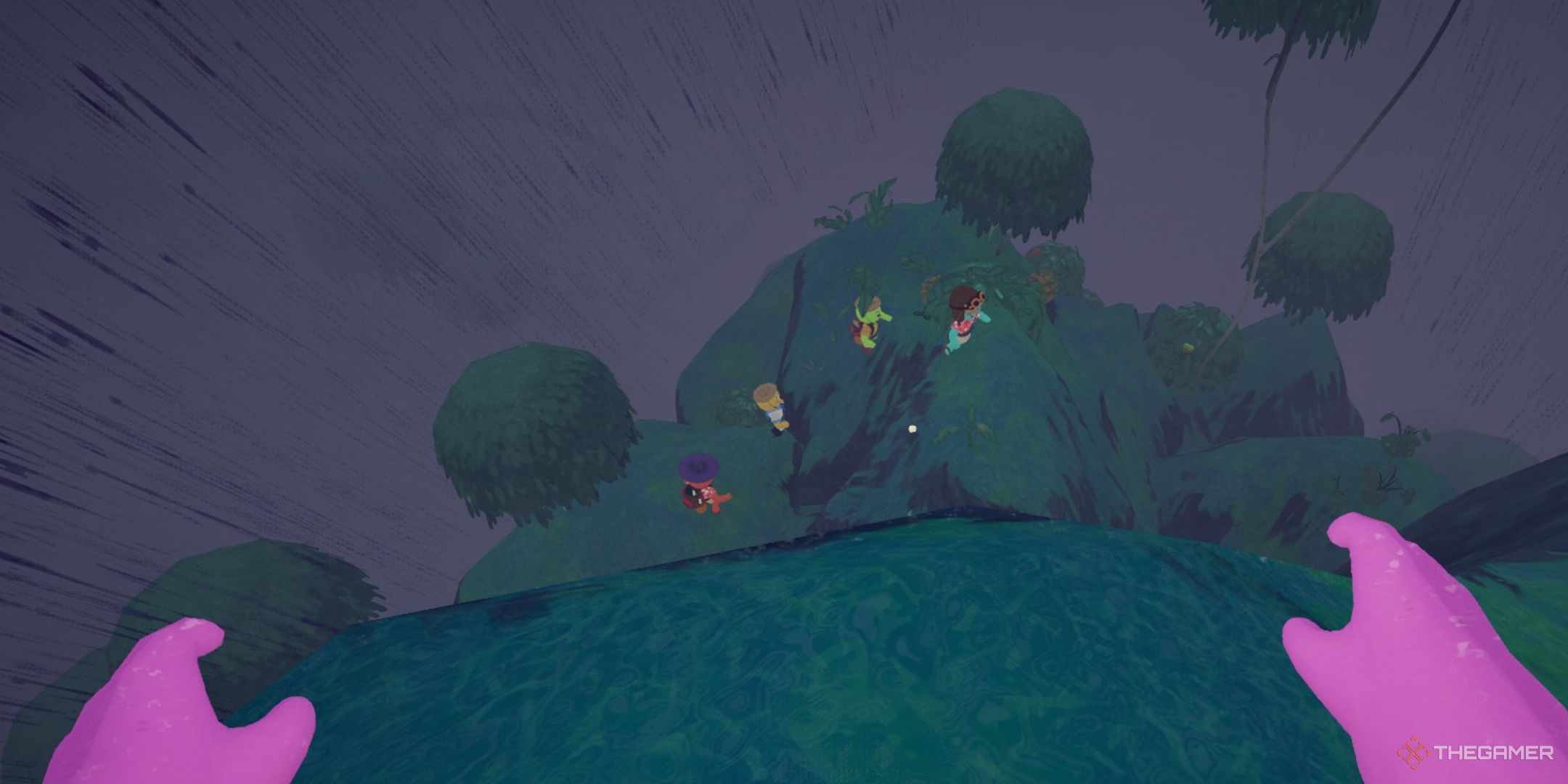 Four people climbing below the camera in Peak.