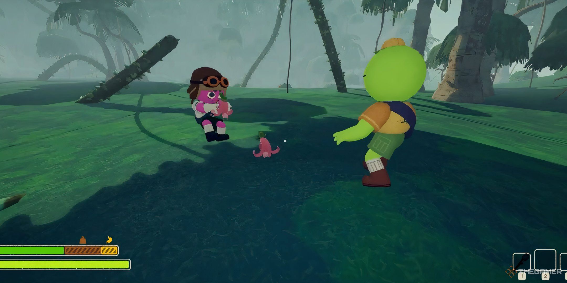 Peak gameplay with two players around a banana peel.