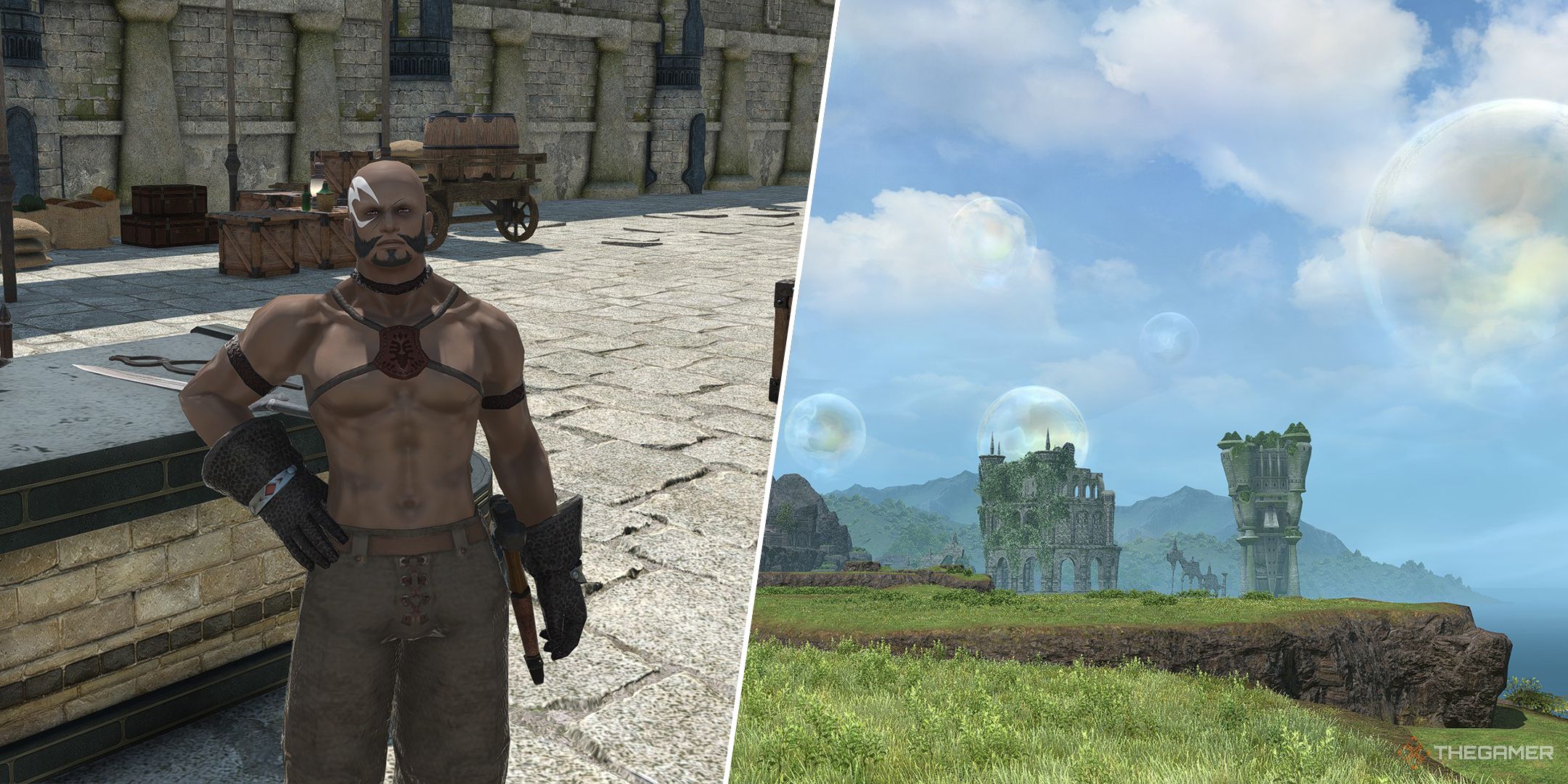 A split image of Gerolt in Phantom Village and the Occult Crescent: South Horn in Final Fantasy 14.
