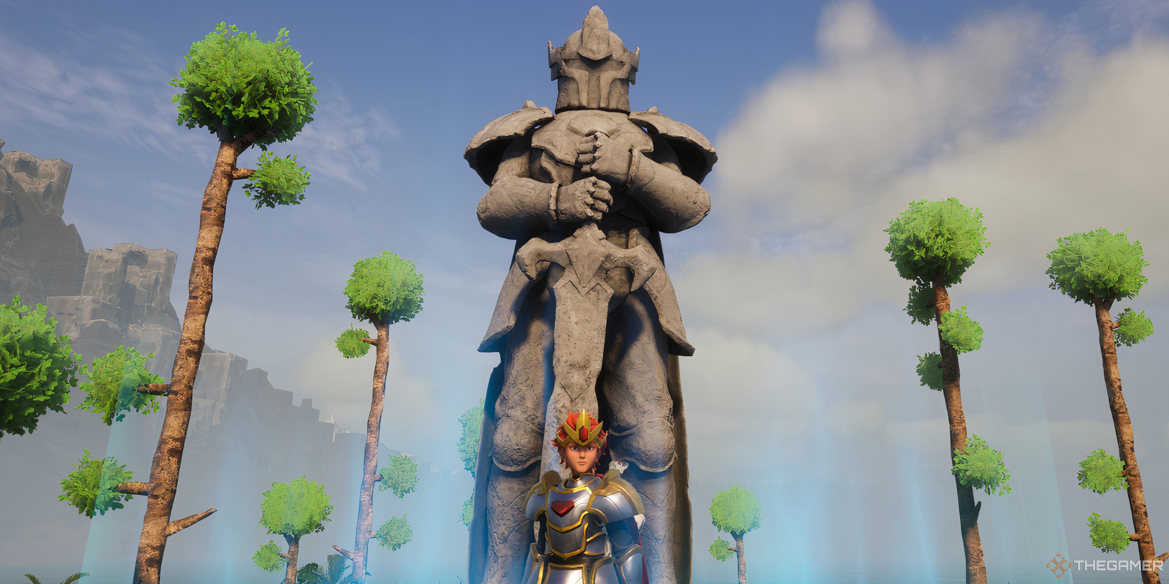 Picture of the player standing in front of a large statue and the entrance to the Terraria Dungeon - Palworld