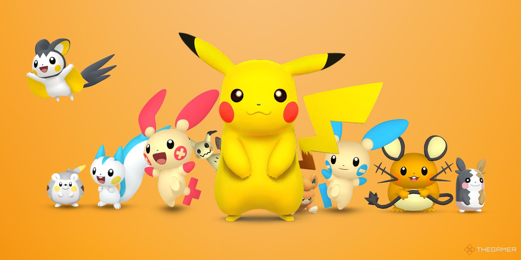 Emolga, Togedemaru, Pachirisu, Plusle, Mimikyu, Pikachu, Pawmi, Minun, Dedenne, and Morpeko on an orange background.